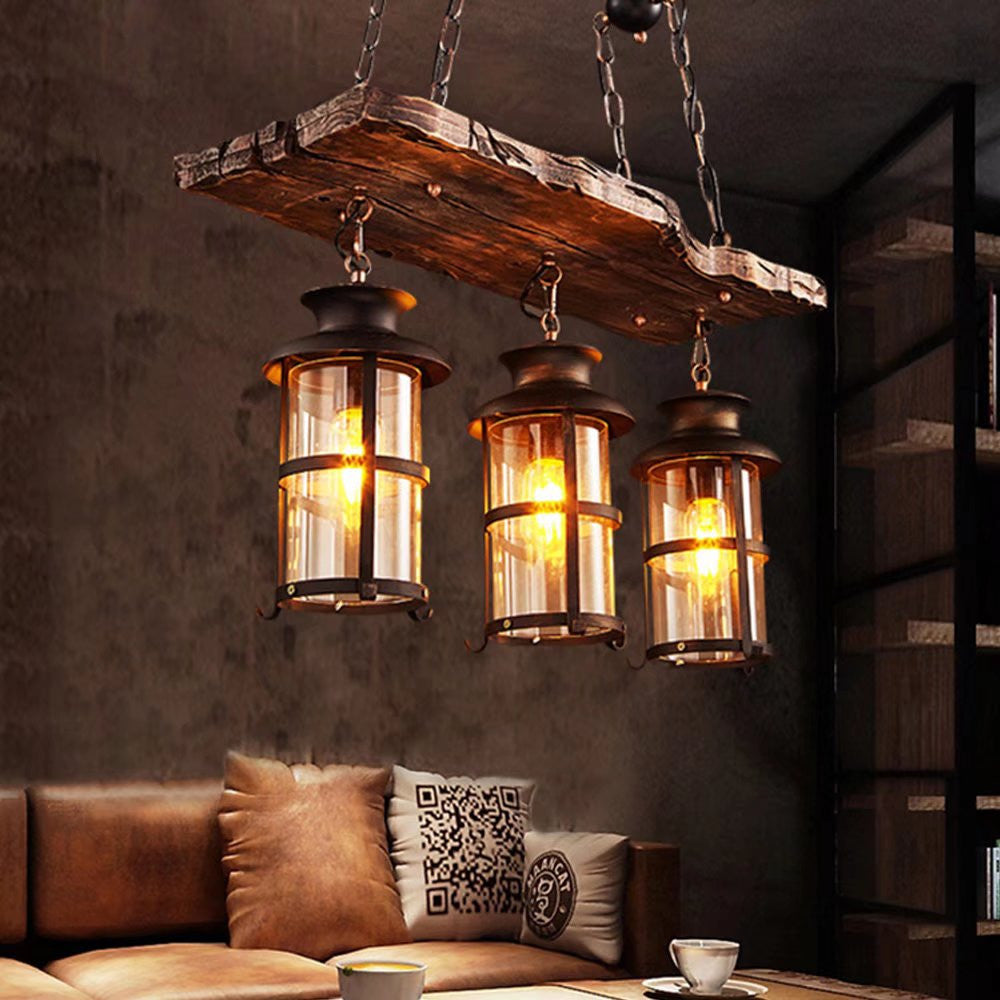 Rustic Wood & 3 Light Hanging Lantern Chandelier