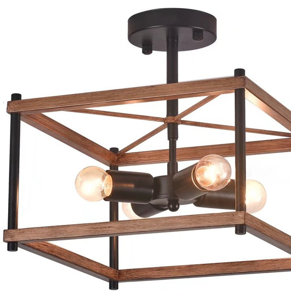 Industrial Wood Square 4 Light Ceiling Fixture