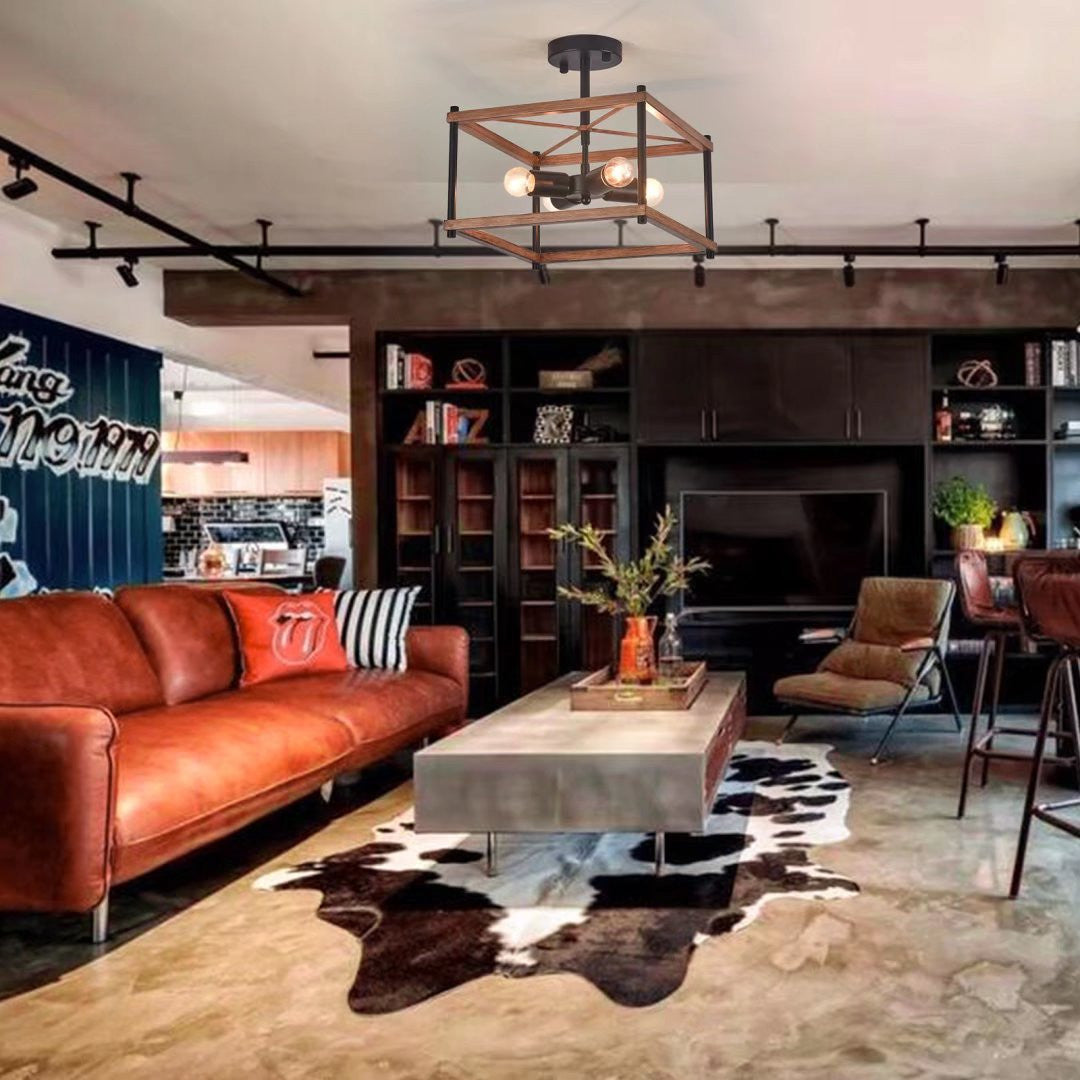 Industrial Wood Square 4 Light Ceiling Fixture