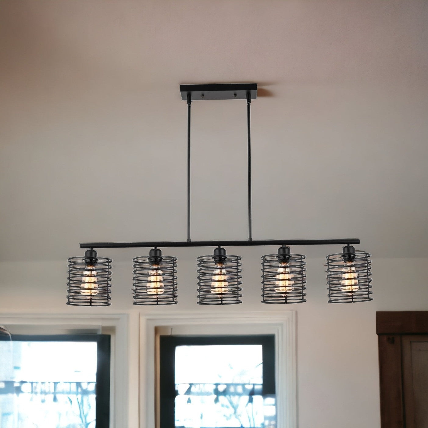 Industrial Black Cage Five Light Pendant Chandelier