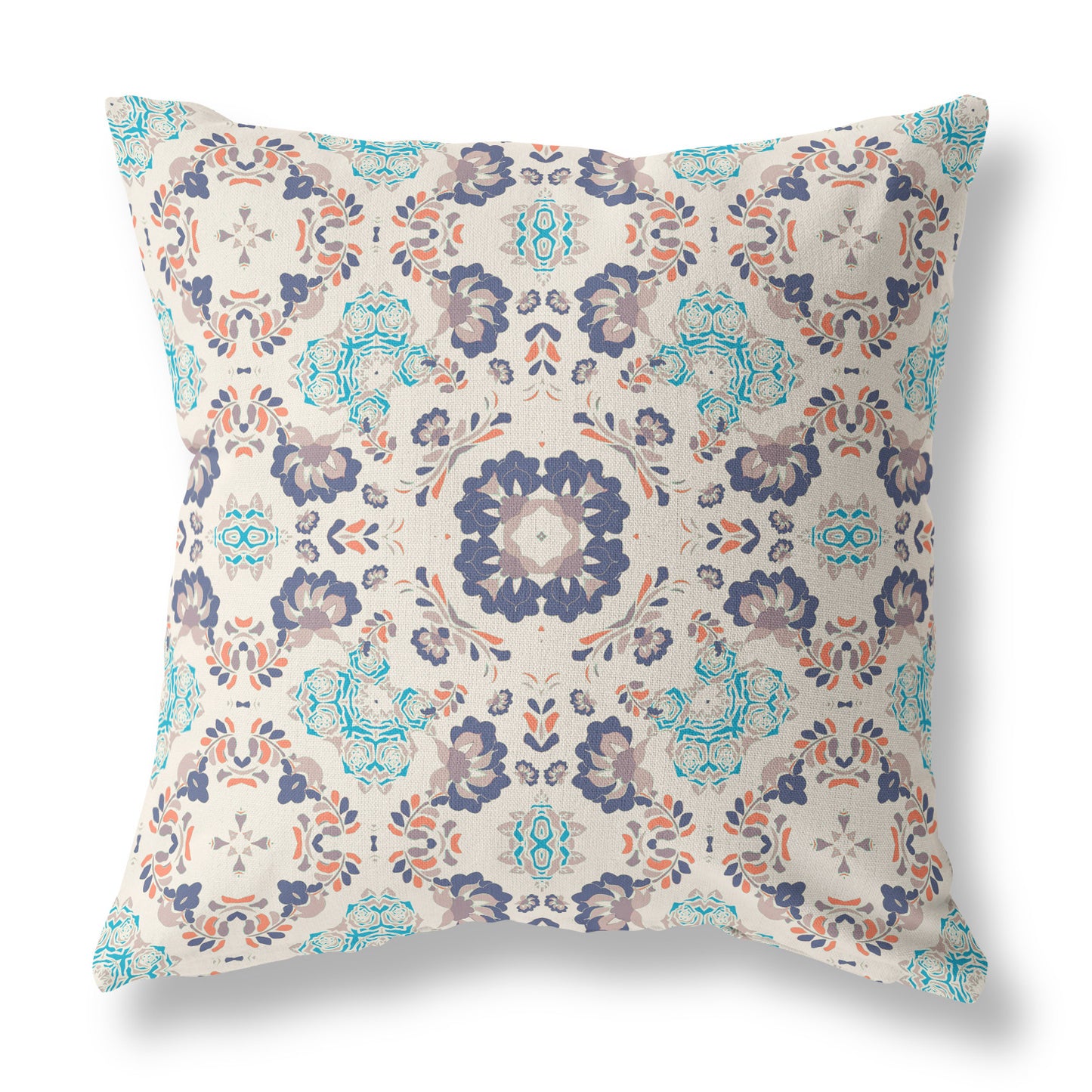 Off White & Blue Floral Suede Pillow