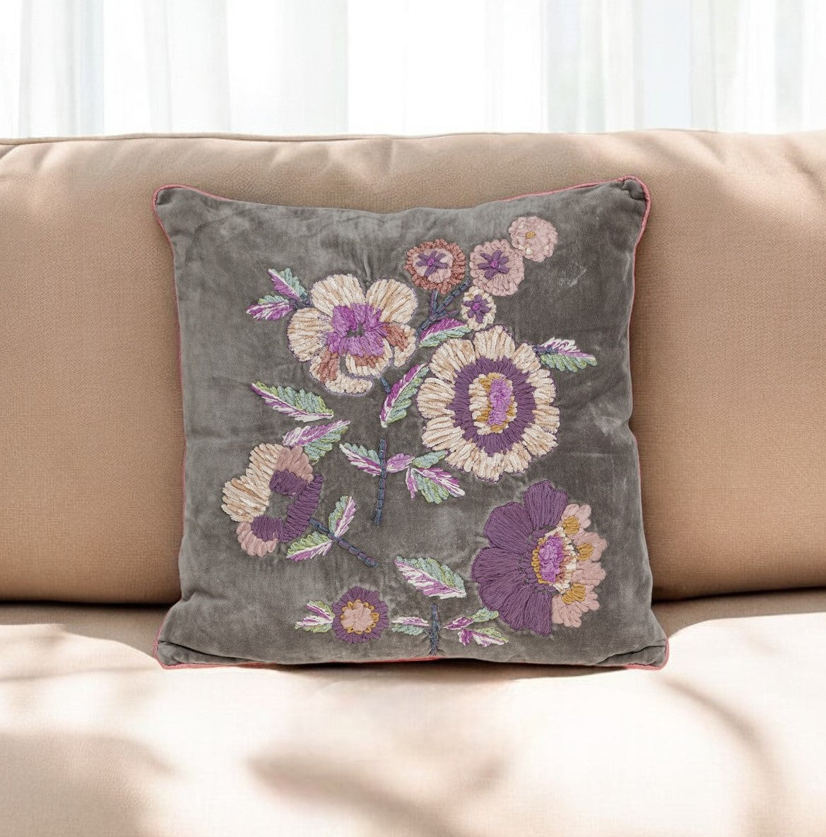 Taupe & Purple Cotton Pillow w/ Embroidery