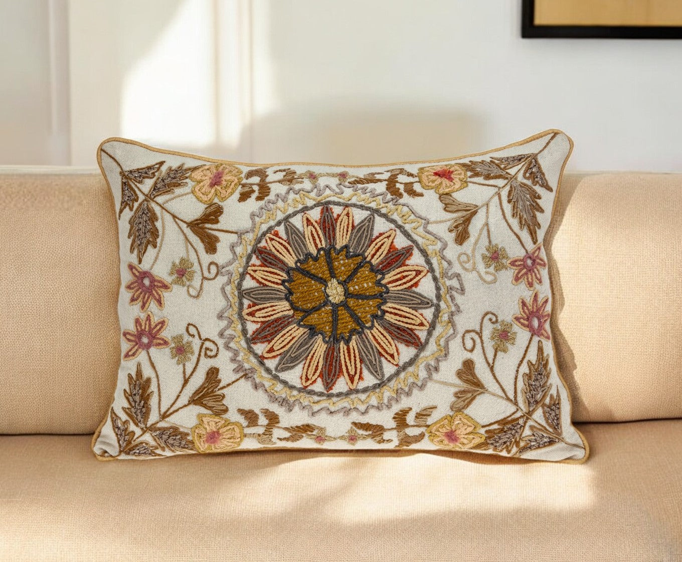 Beige Cotton Pillow w/ Embroidery
