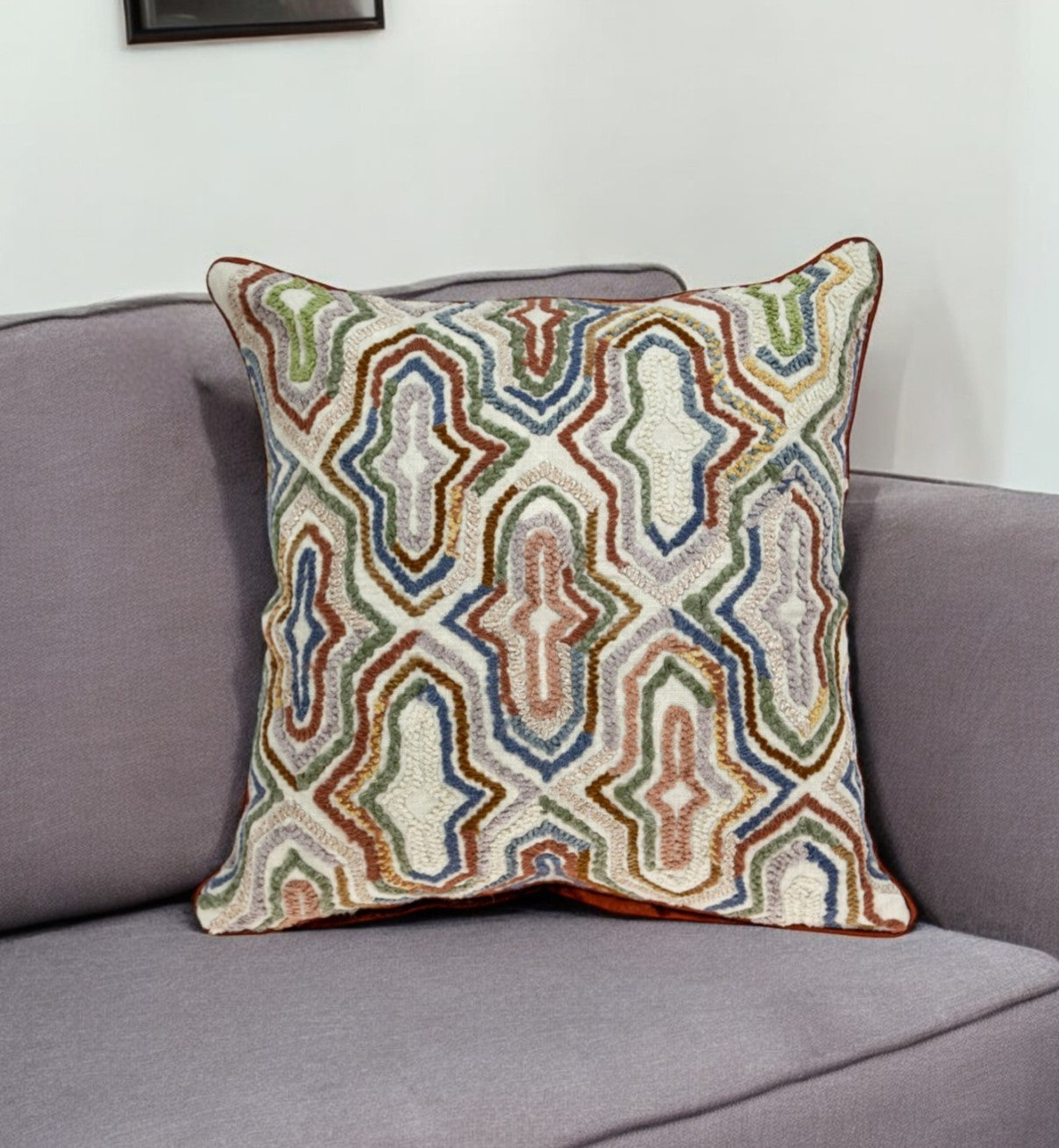 Beige & Brown Cotton Pillow w/ Embroidery