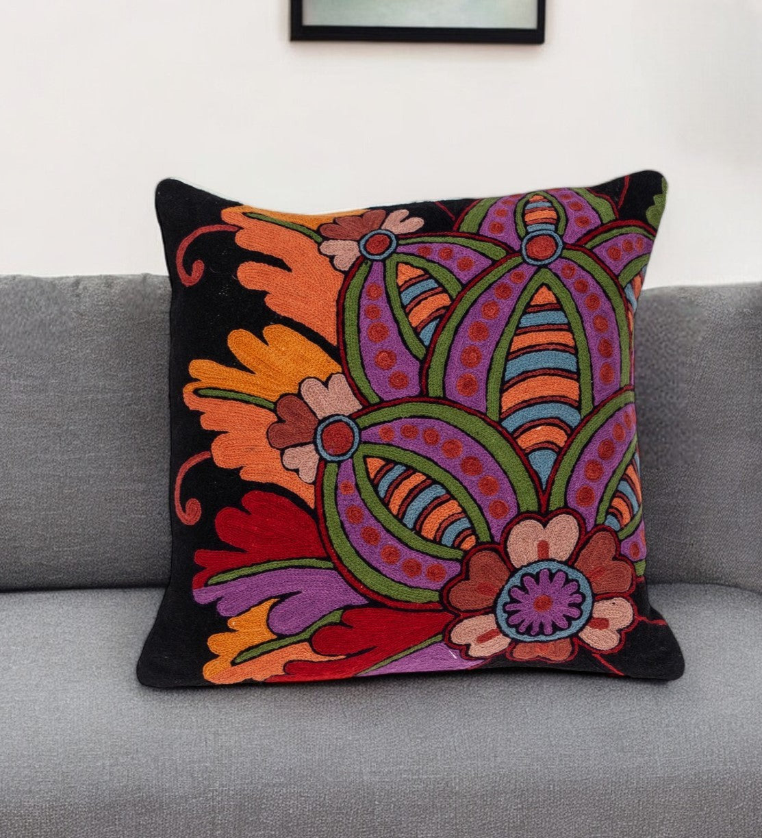 Black & Orange Cotton Pillow w/ Embroidery