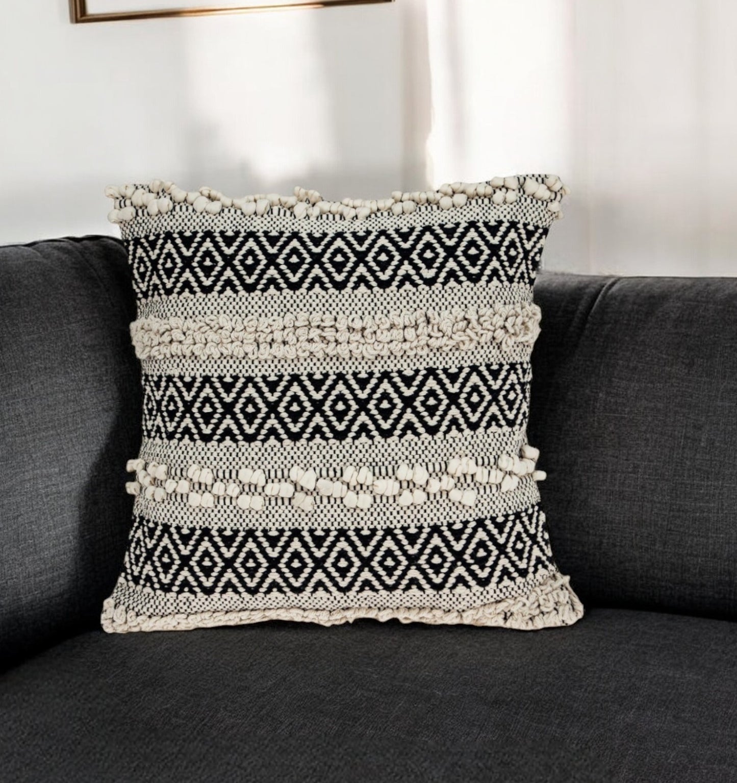 Beige & Black Cotton Pillow w/ Embroidery