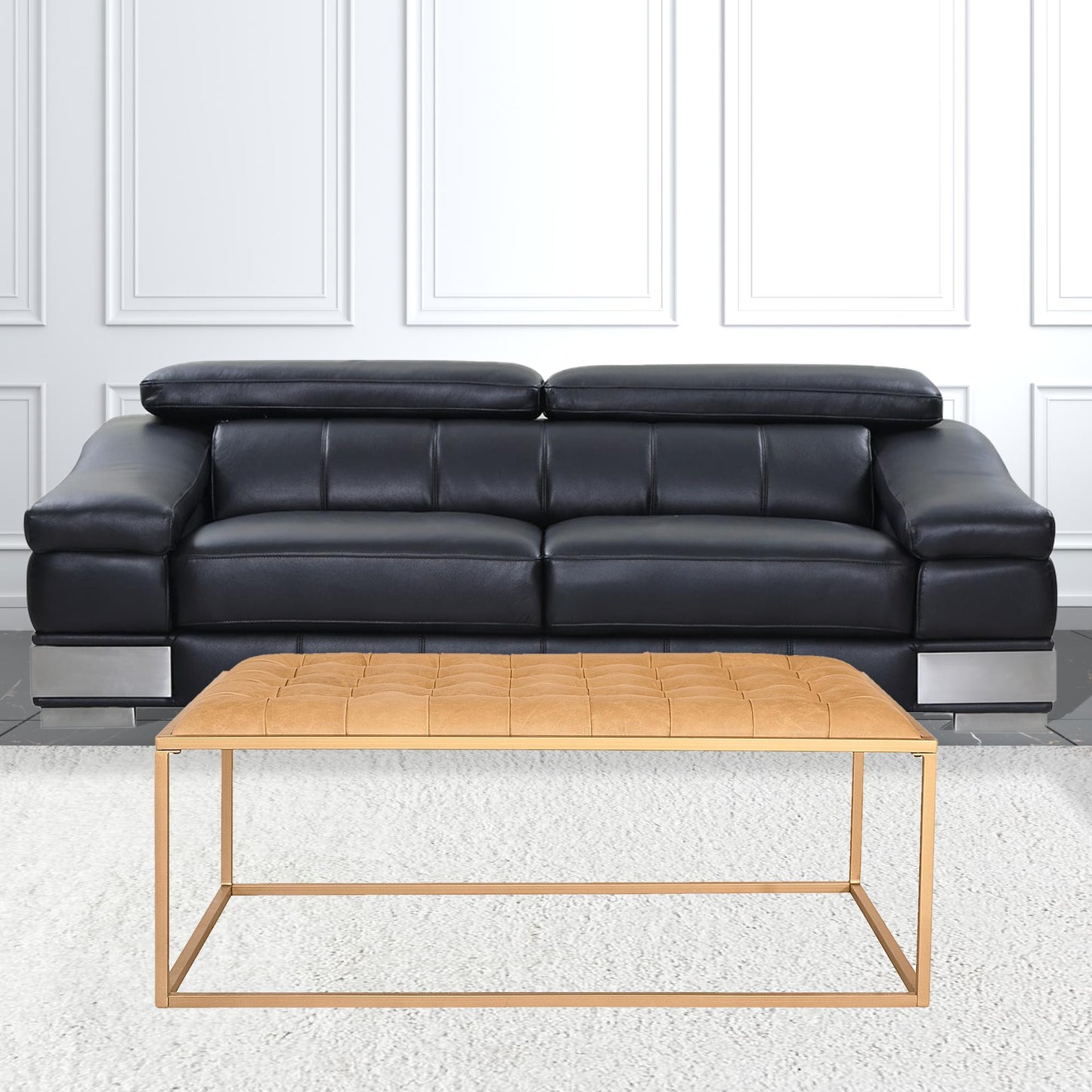 Gold & Brown Leather Coffee Table