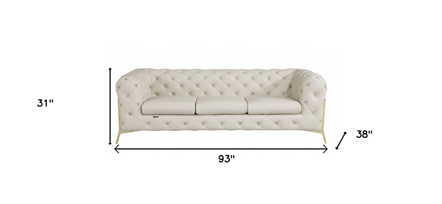 Beige Italian Leather Chesterfield Sofa With Silver Legs