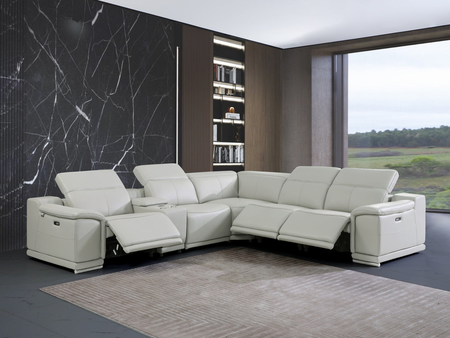 Light Gray Italian Leather U Shaped 6 Piece Sectional w/ Console