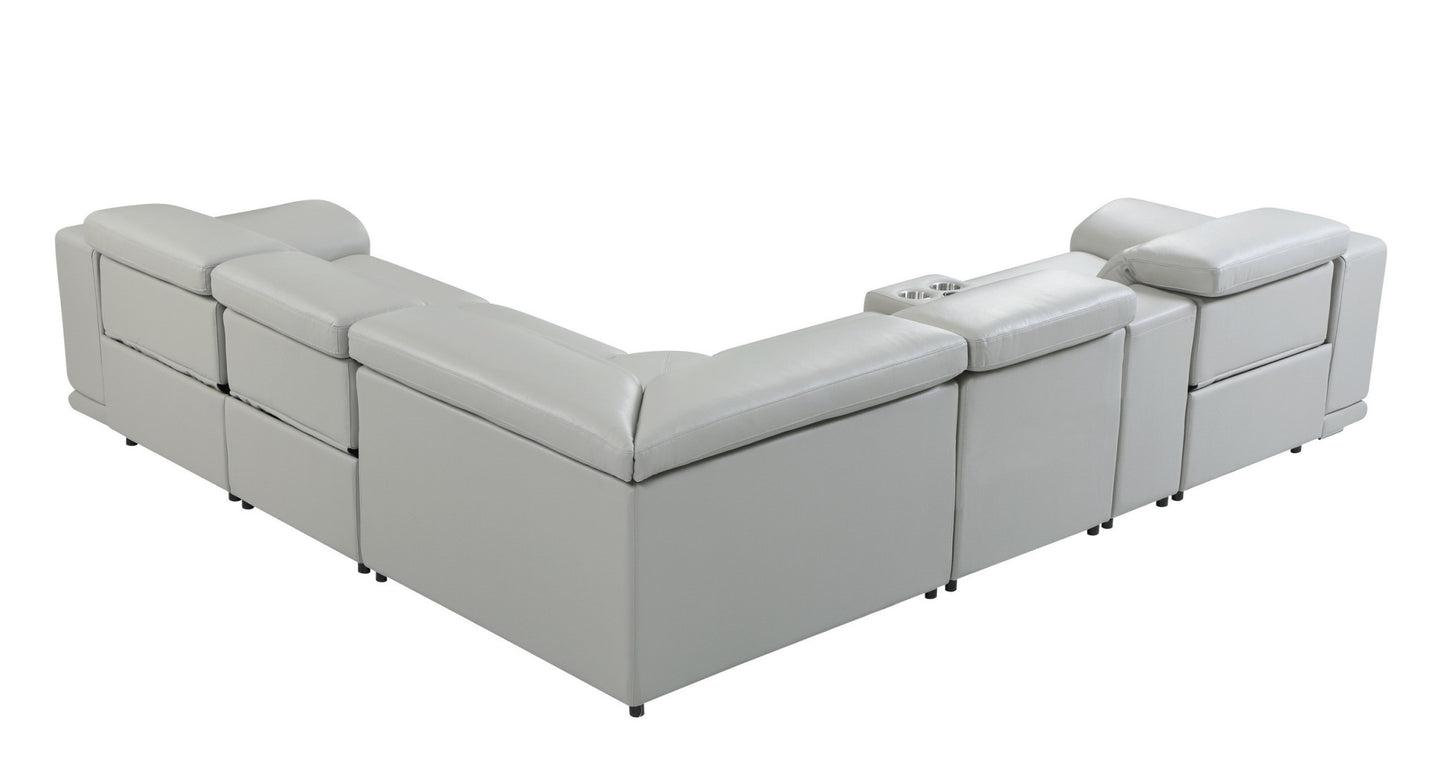 Light Gray Italian Leather U Shaped 6 Piece Sectional w/ Console