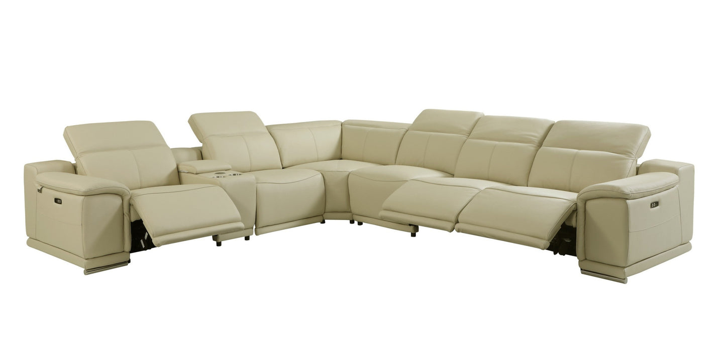 Beige Italian Leather U Shaped Seven Piece Sectional w/ Console