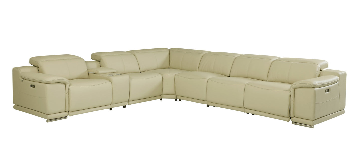 Beige Italian Leather U Shaped Seven Piece Sectional w/ Console