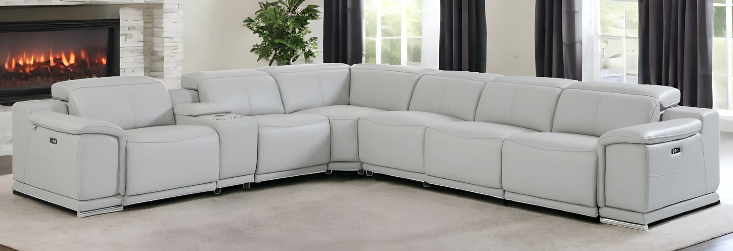Light Gray Italian Leather U Shaped Seven Piece Sectional w/ Console