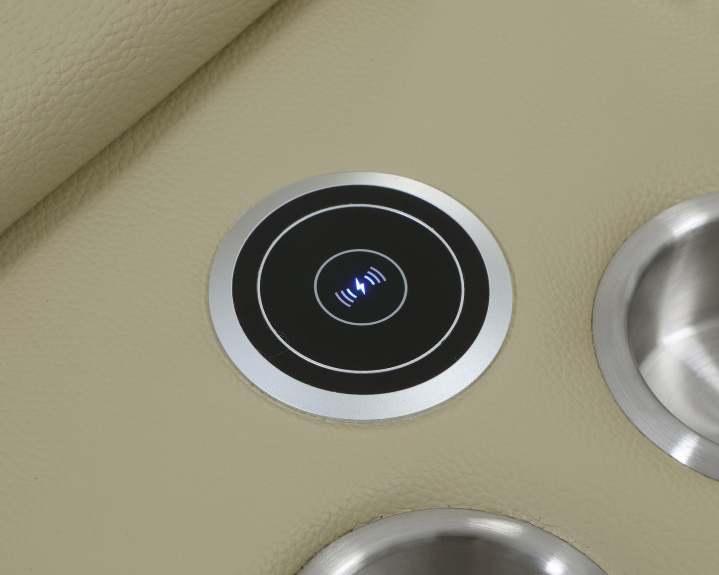 Beige Italian Leather U Shaped Seven Piece Sectional w/ Console