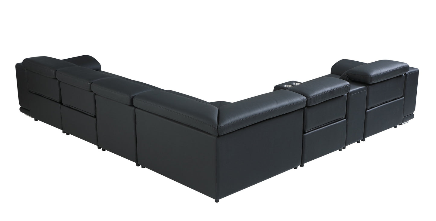 Black Italian Leather U Shaped Seven Piece Sectional w/ Console