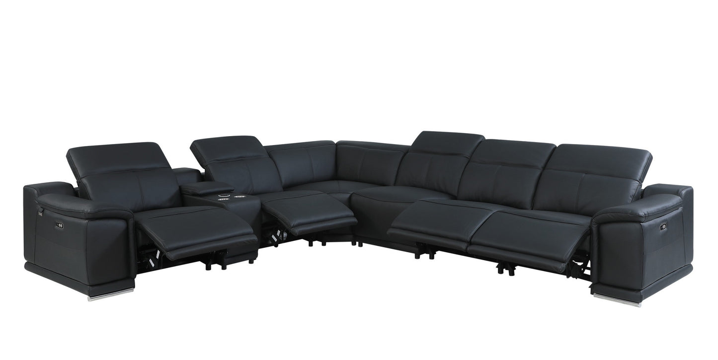 Black Italian Leather U Shaped Seven Piece Sectional w/ Console