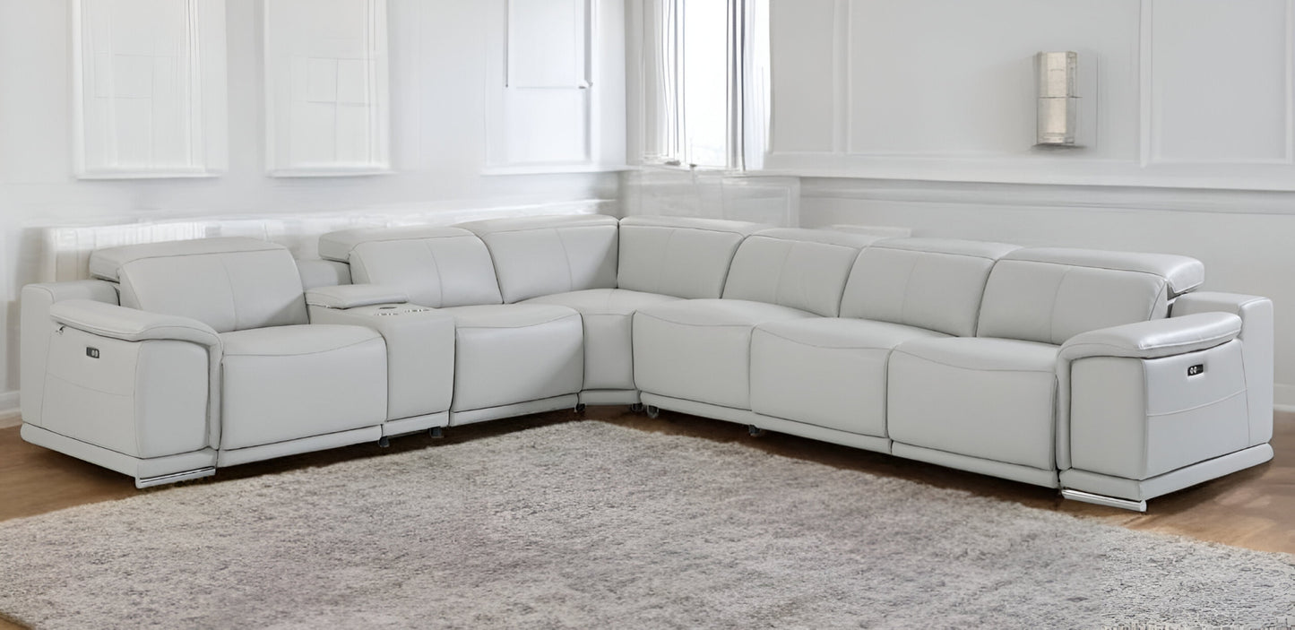 Light Gray Italian Leather U Shaped Seven Piece Sectional w/ Console
