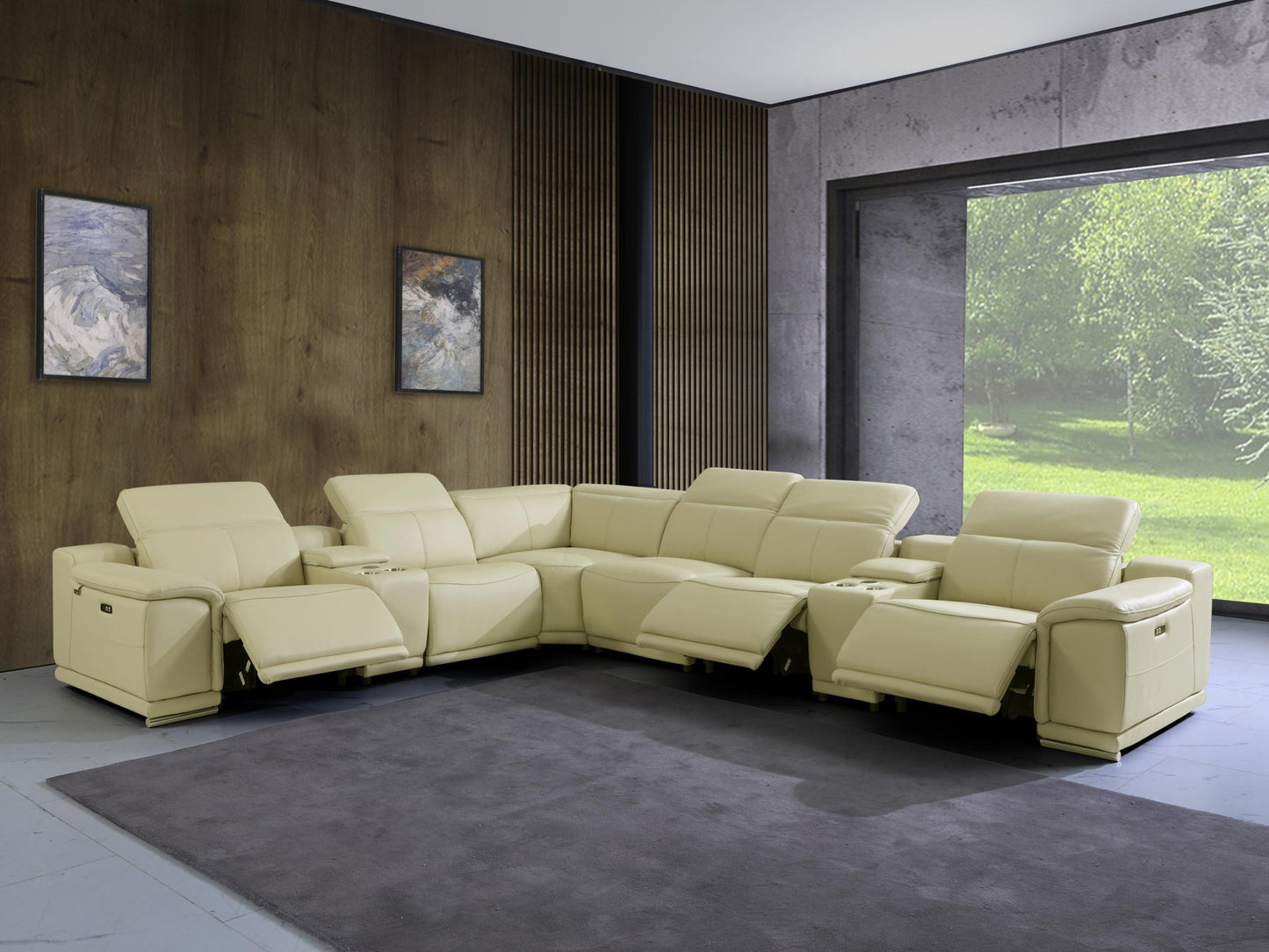 Beige Italian Leather U Shaped 8 Piece Sectional w/ Console