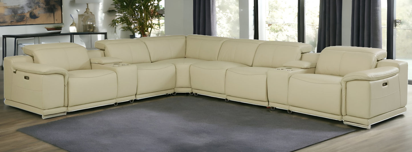 Beige Italian Leather U Shaped 8 Piece Sectional w/ Console