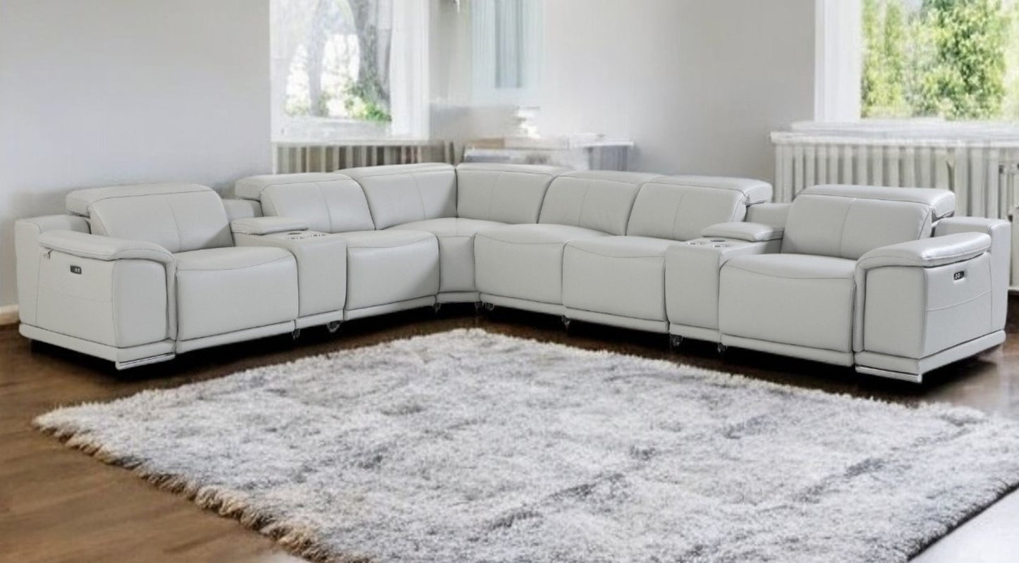 Light Gray Italian Leather U Shaped 8 Piece Sectional w/ Console