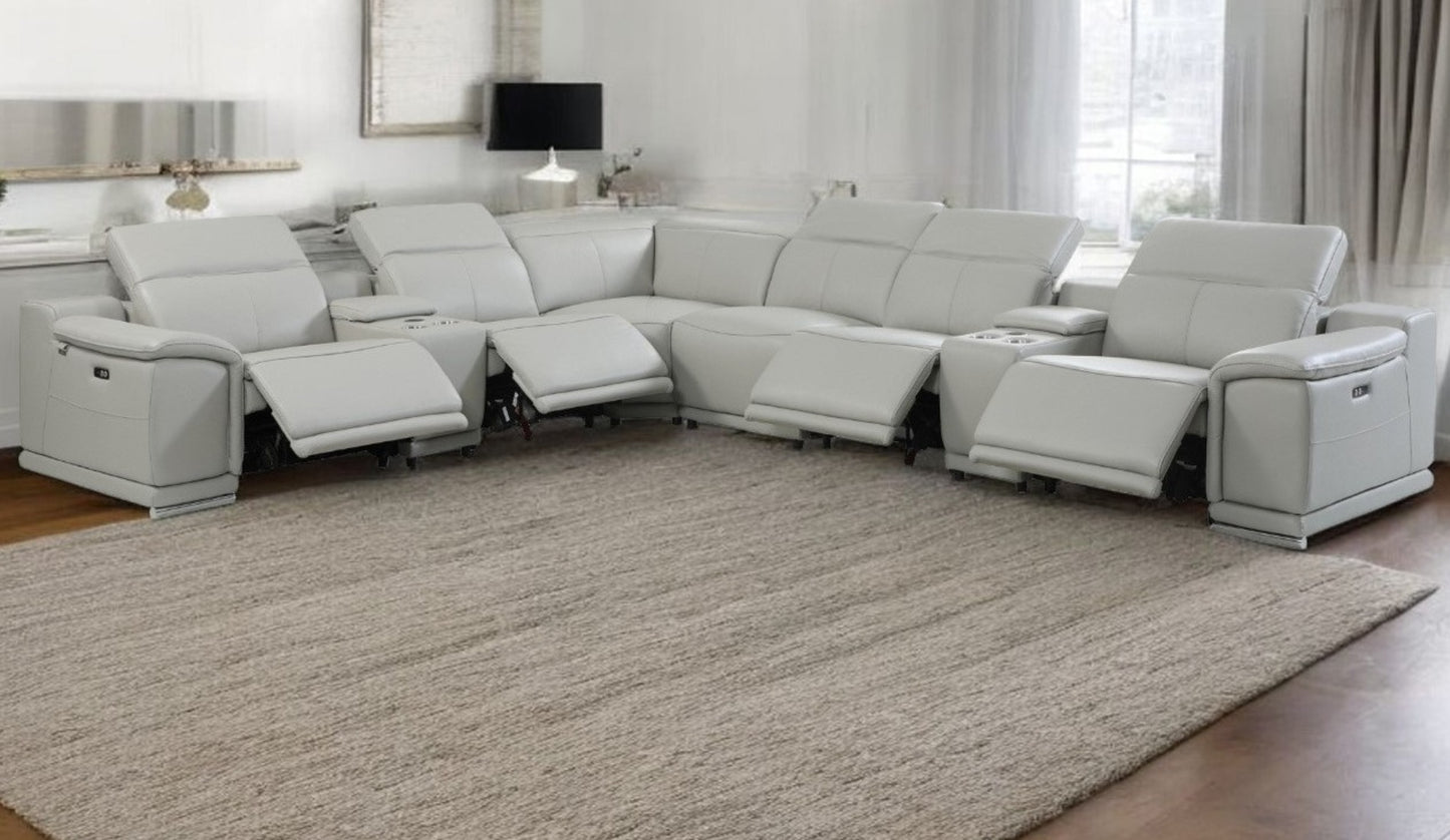 Light Gray Italian Leather U Shaped 8 Piece Sectional w/ Console
