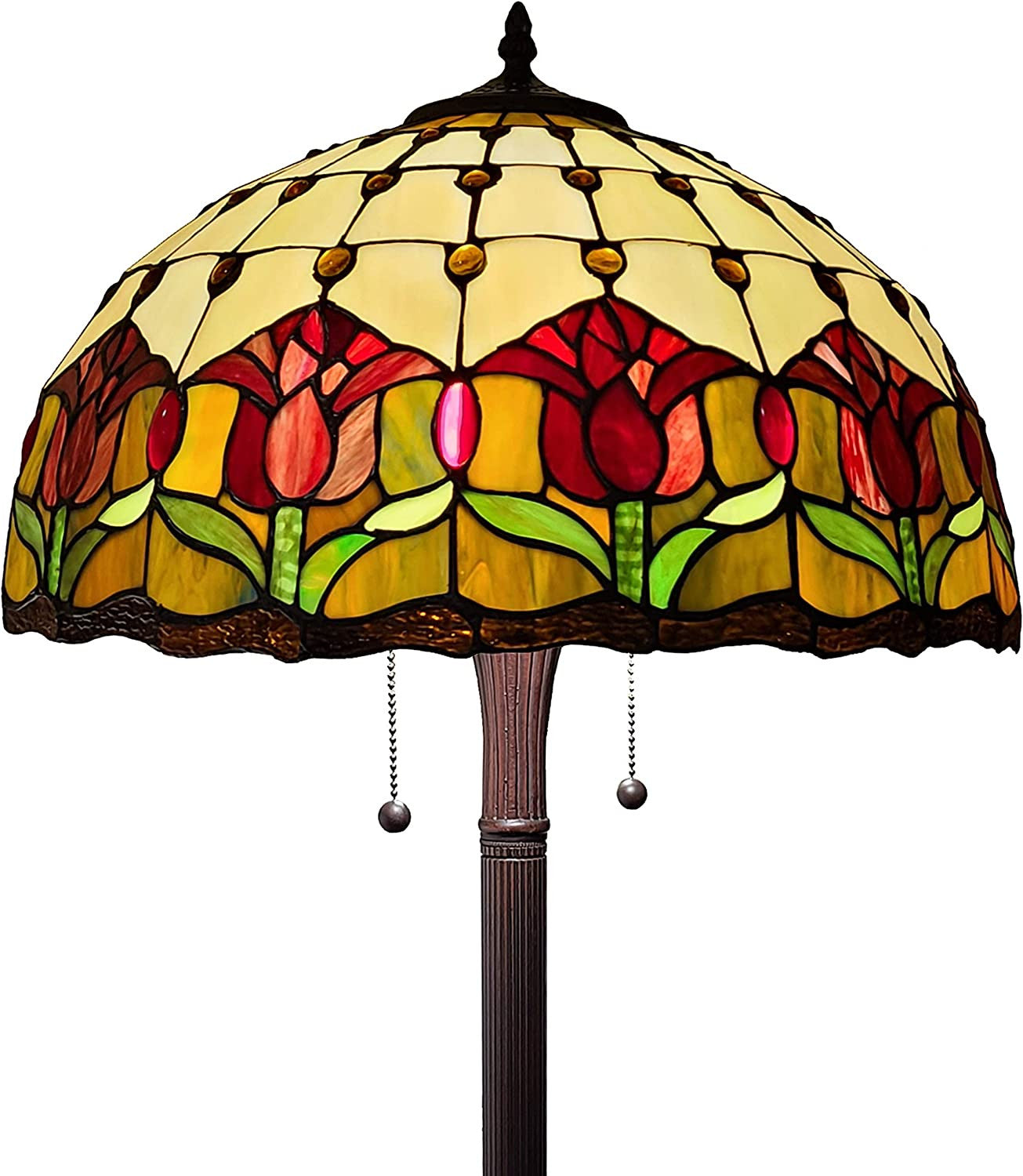 Brown 2-Light Floor Lamp w/ Red Flowers Stained Glass Shade