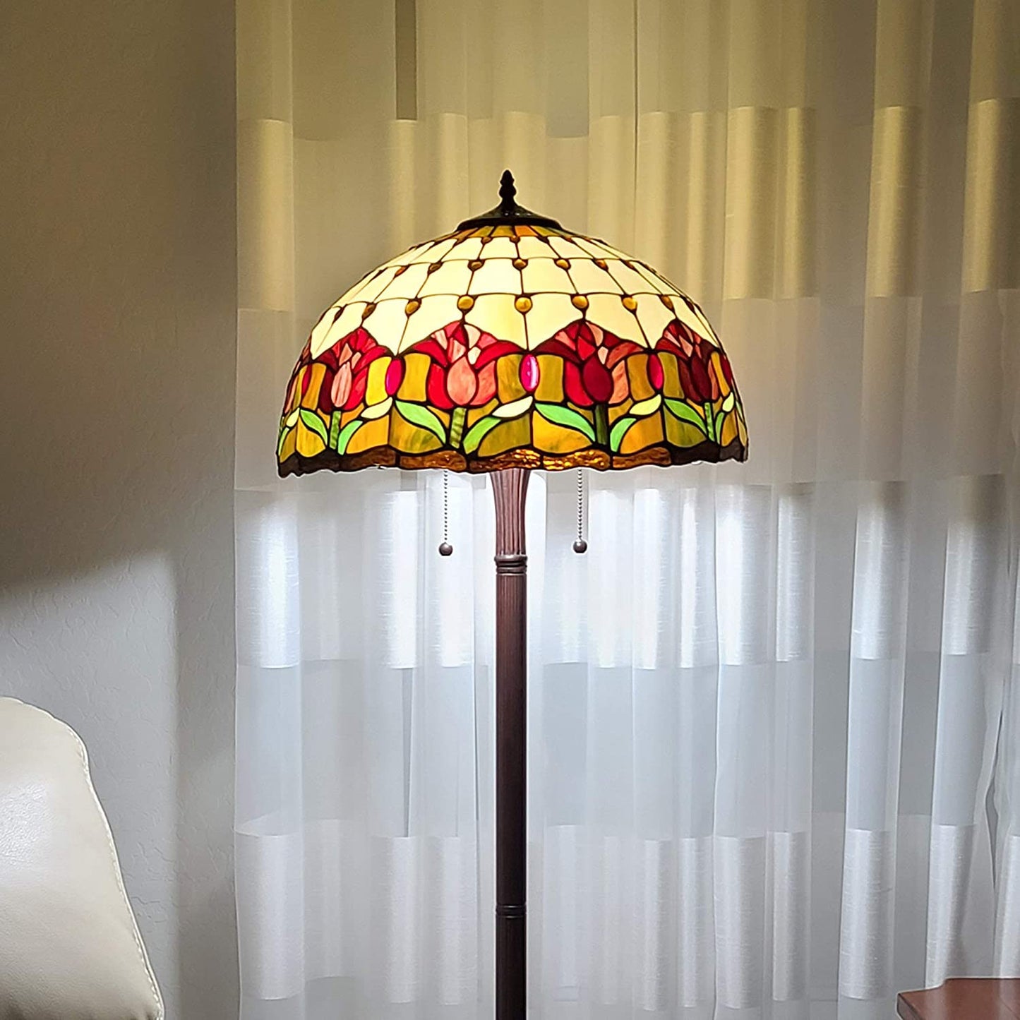 Brown 2-Light Floor Lamp w/ Red Flowers Stained Glass Shade