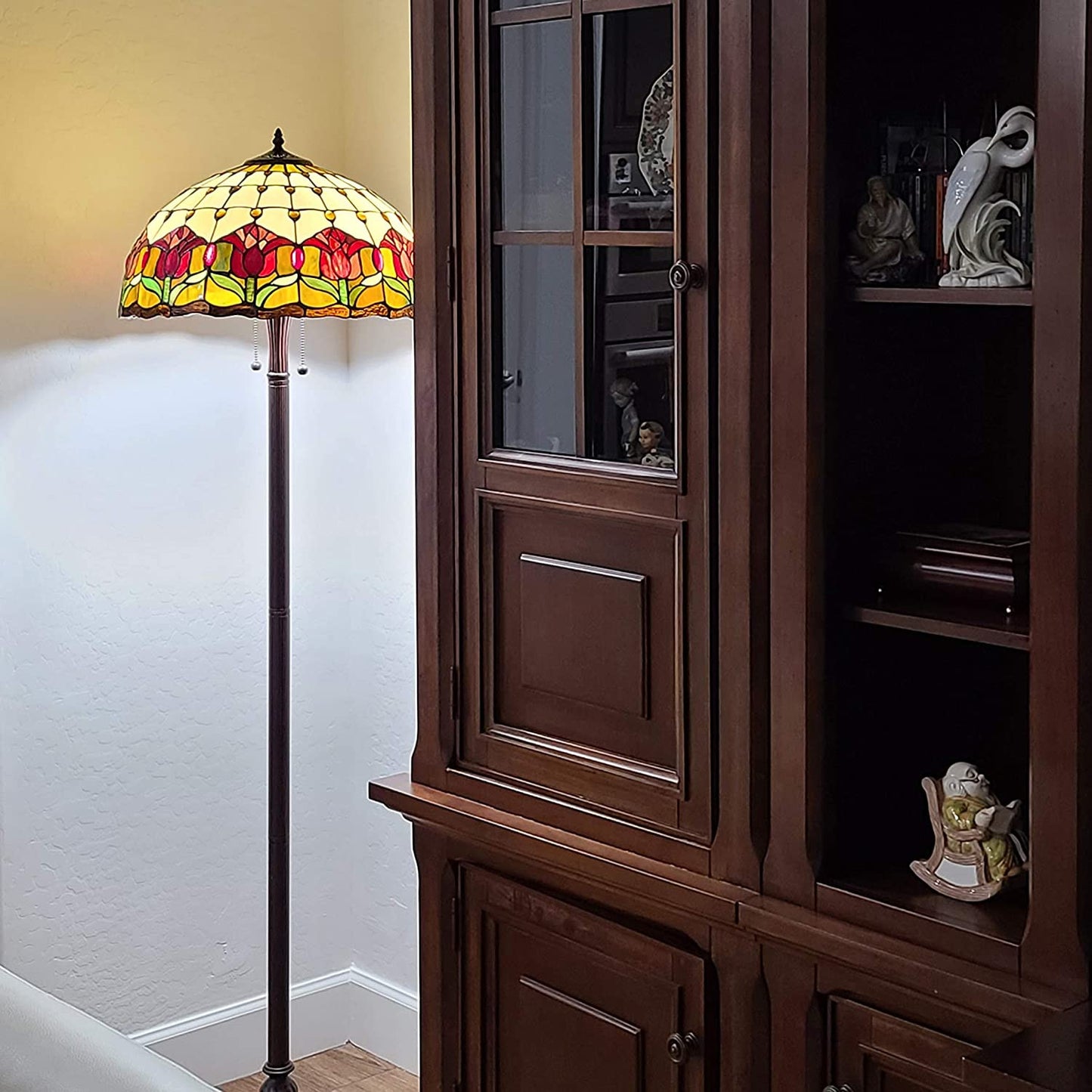 Brown 2-Light Floor Lamp w/ Red Flowers Stained Glass Shade