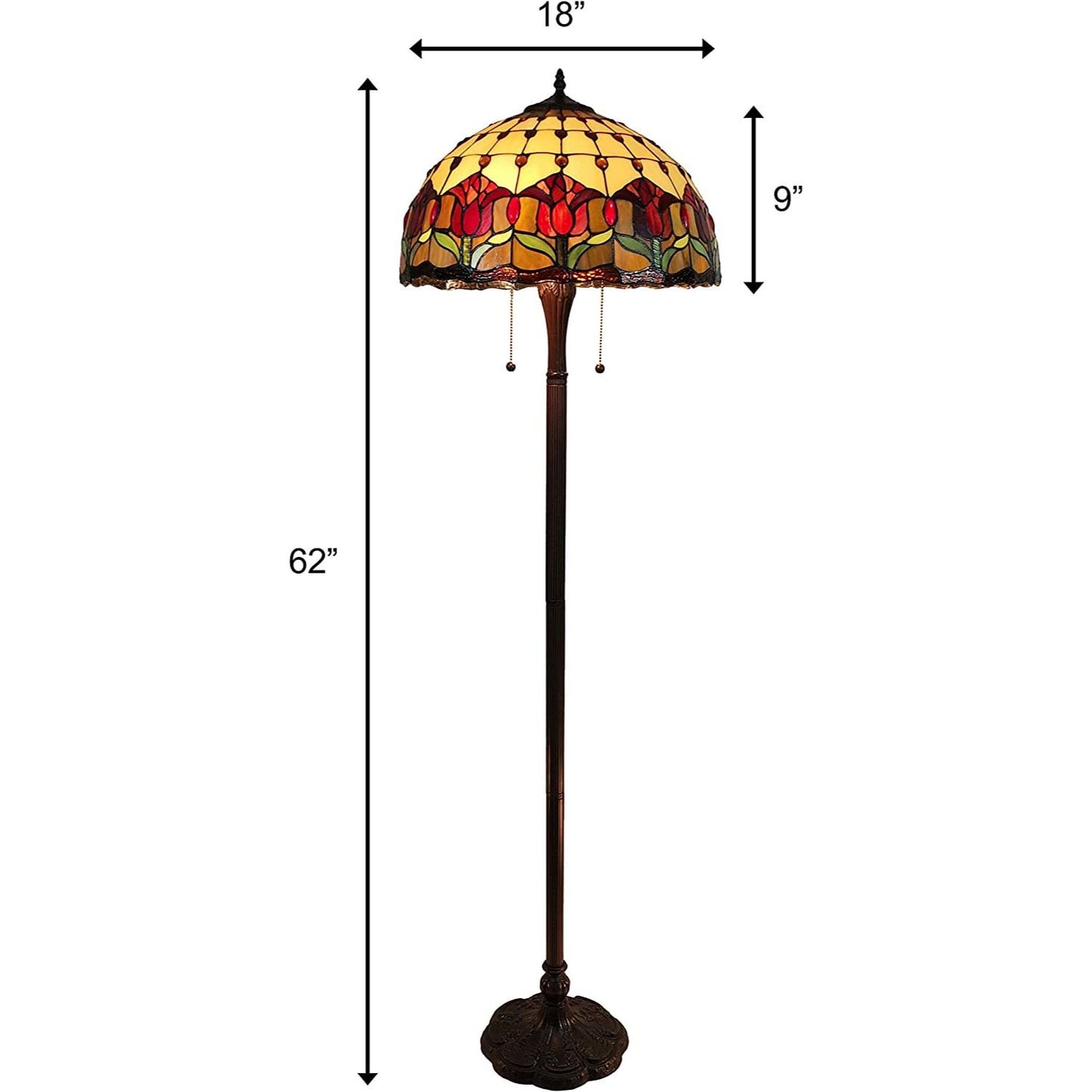 Brown 2-Light Floor Lamp w/ Red Flowers Stained Glass Shade