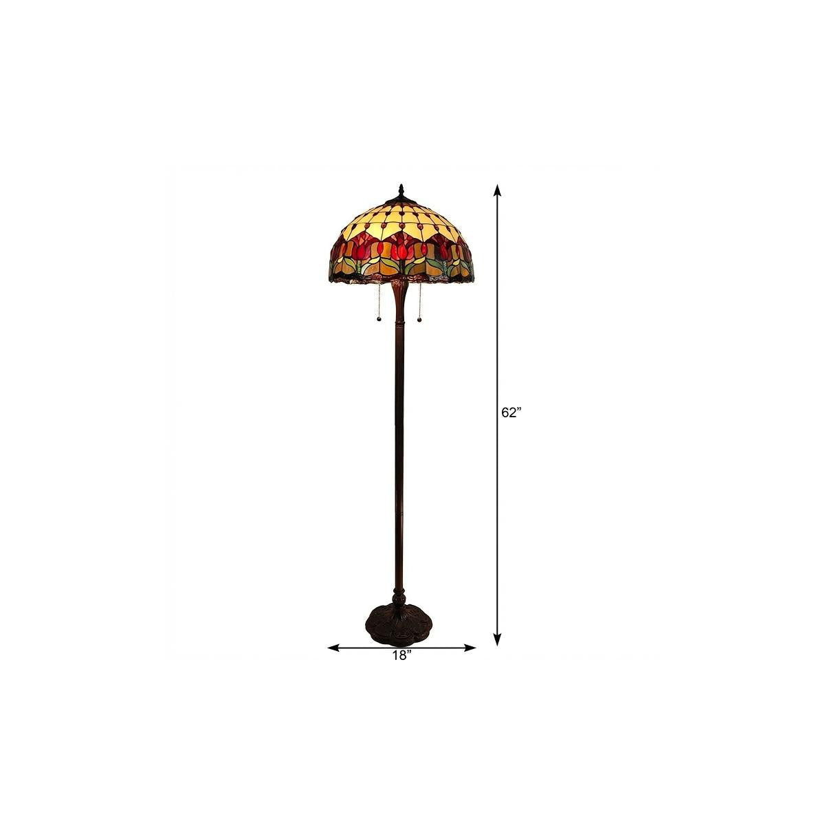 Brown 2-Light Floor Lamp w/ Red Flowers Stained Glass Shade