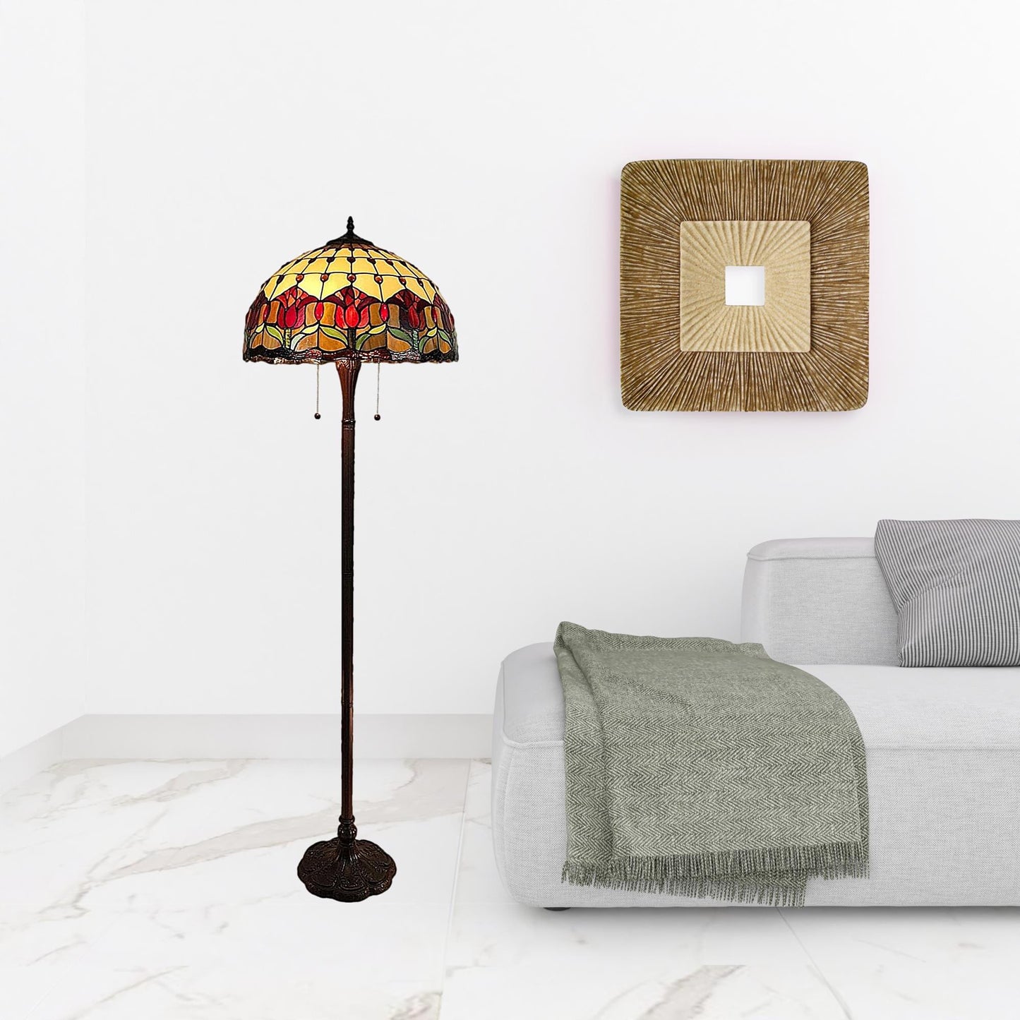 Brown 2-Light Floor Lamp w/ Red Flowers Stained Glass Shade