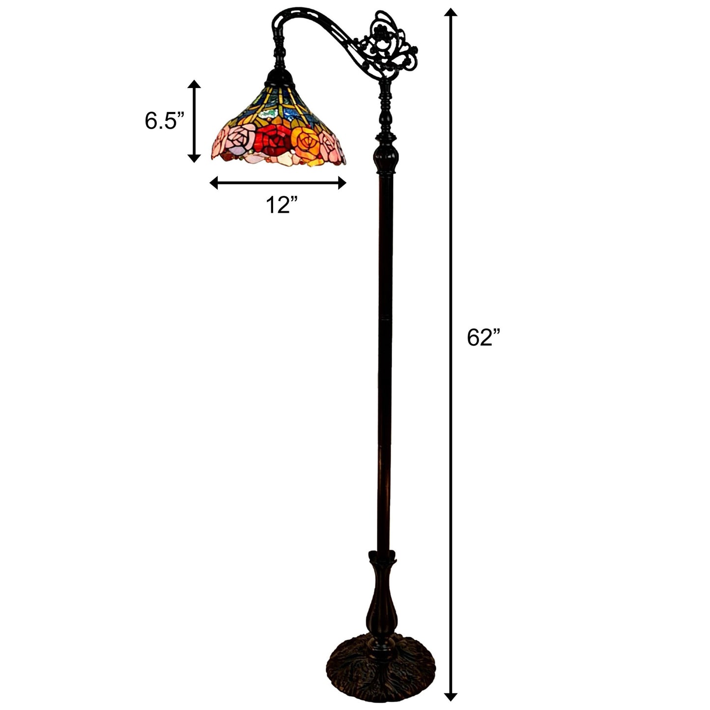 Brown Floor Lamp w/ Blue Red & Yellow Flowers Stained Glass Shade