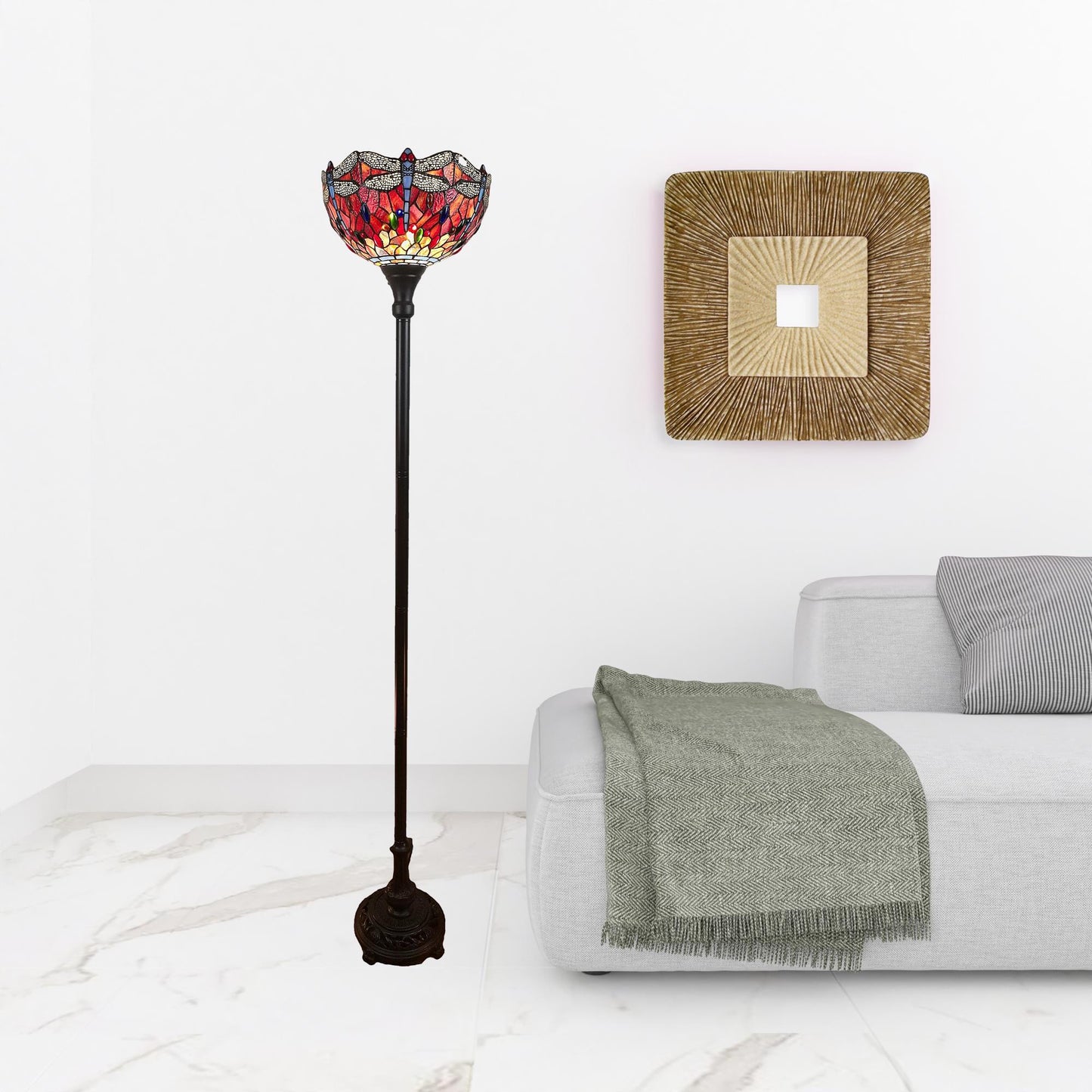 Brown Floor Lamp w/ Red Yellow & Brown Dragonfly Stained Glass Shade