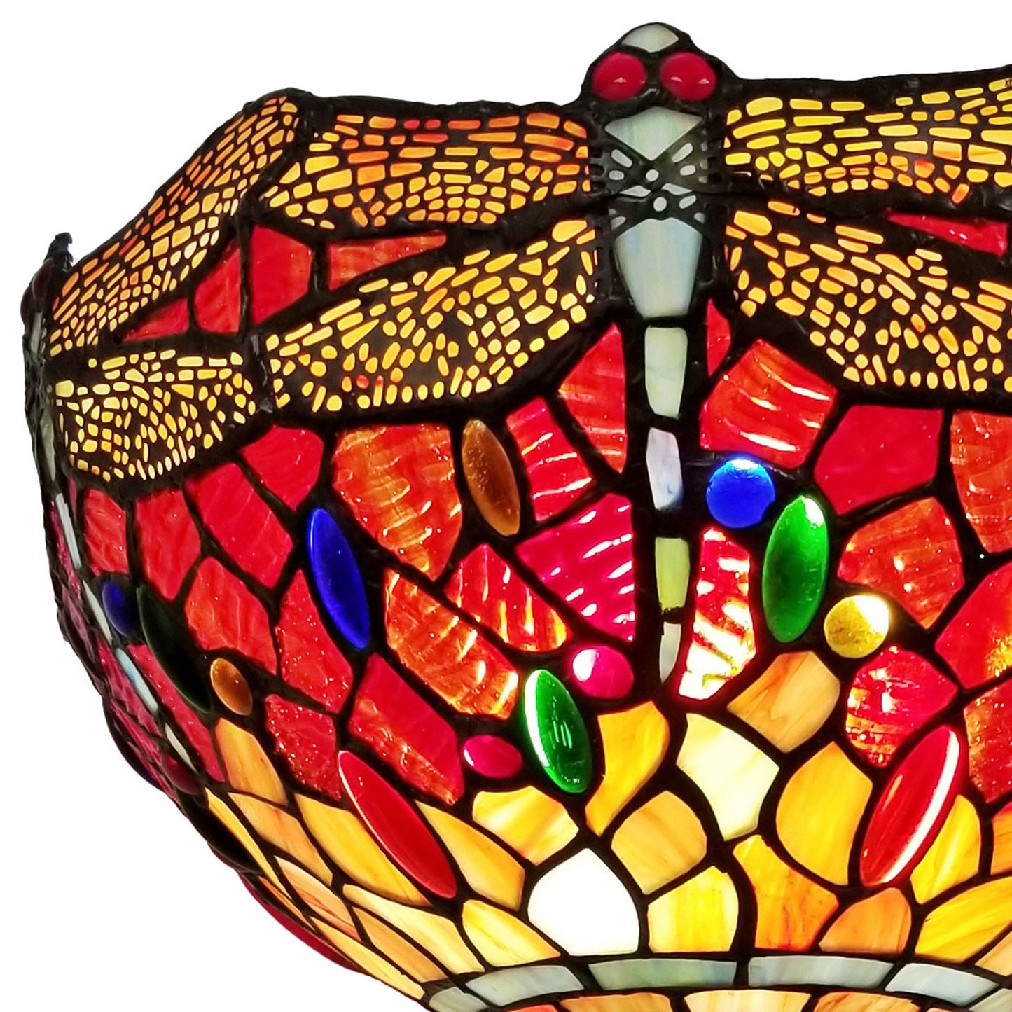 Brown Floor Lamp w/ Red Yellow & Brown Dragonfly Stained Glass Shade