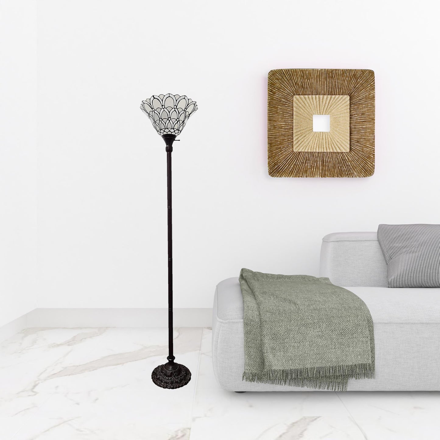 Brown Floor Lamp w/ White Stained Glass Bowl Shade