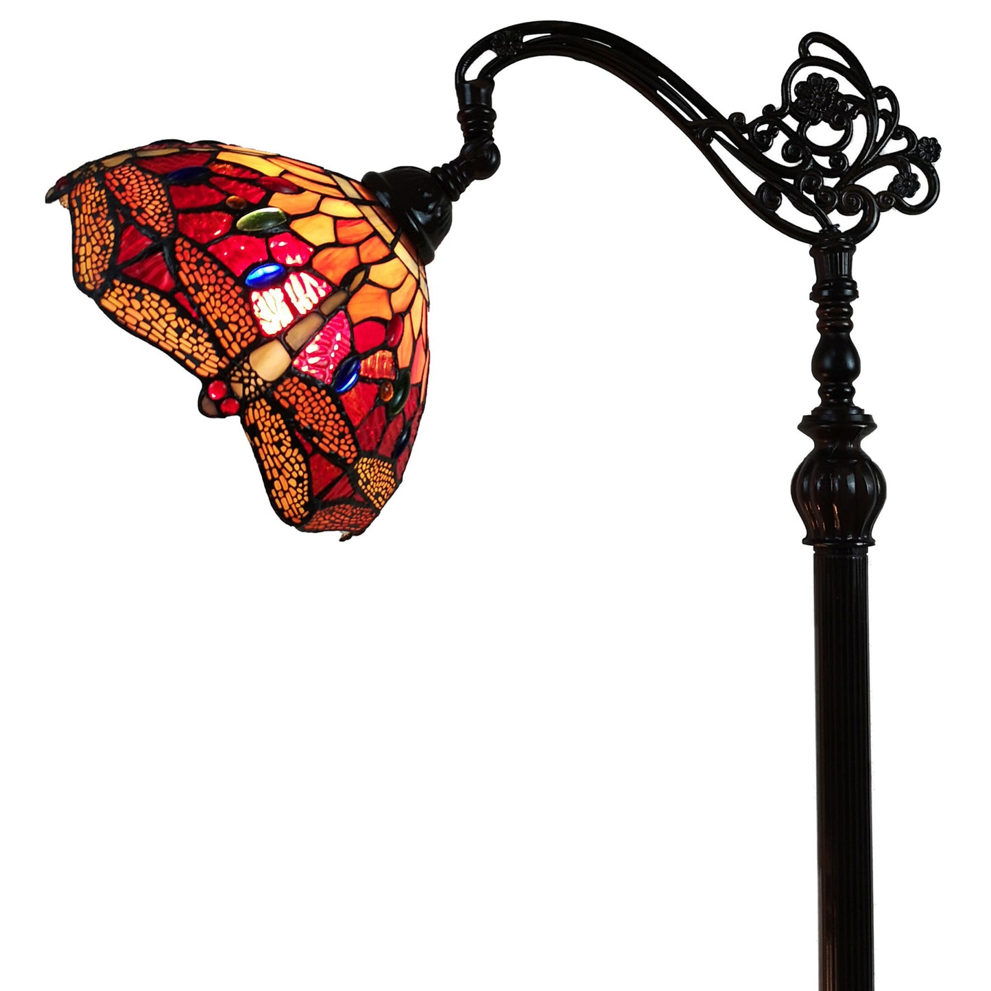 Brown Floor Lamp w/ Red Yellow & Brown Stained Glass Shade