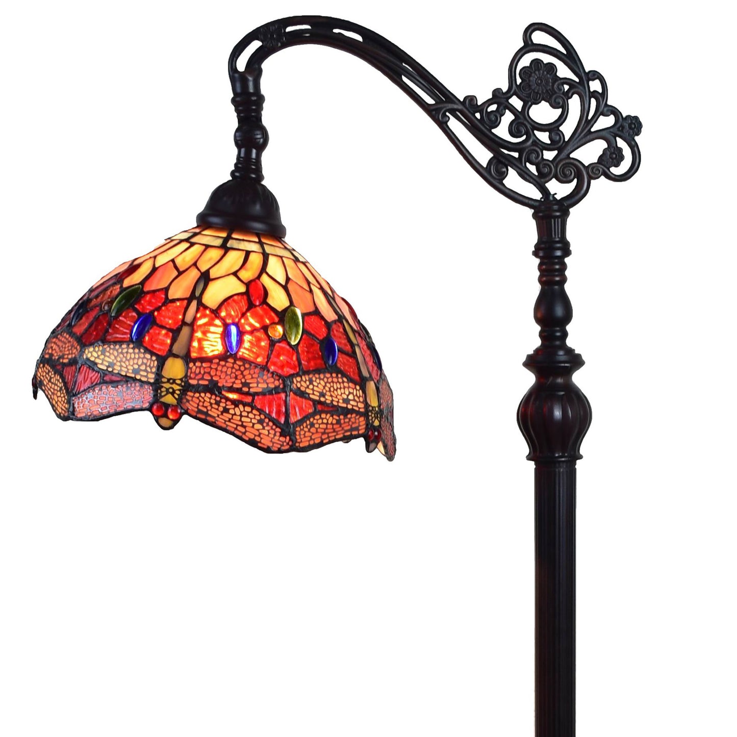 Brown Floor Lamp w/ Red Yellow & Brown Stained Glass Shade