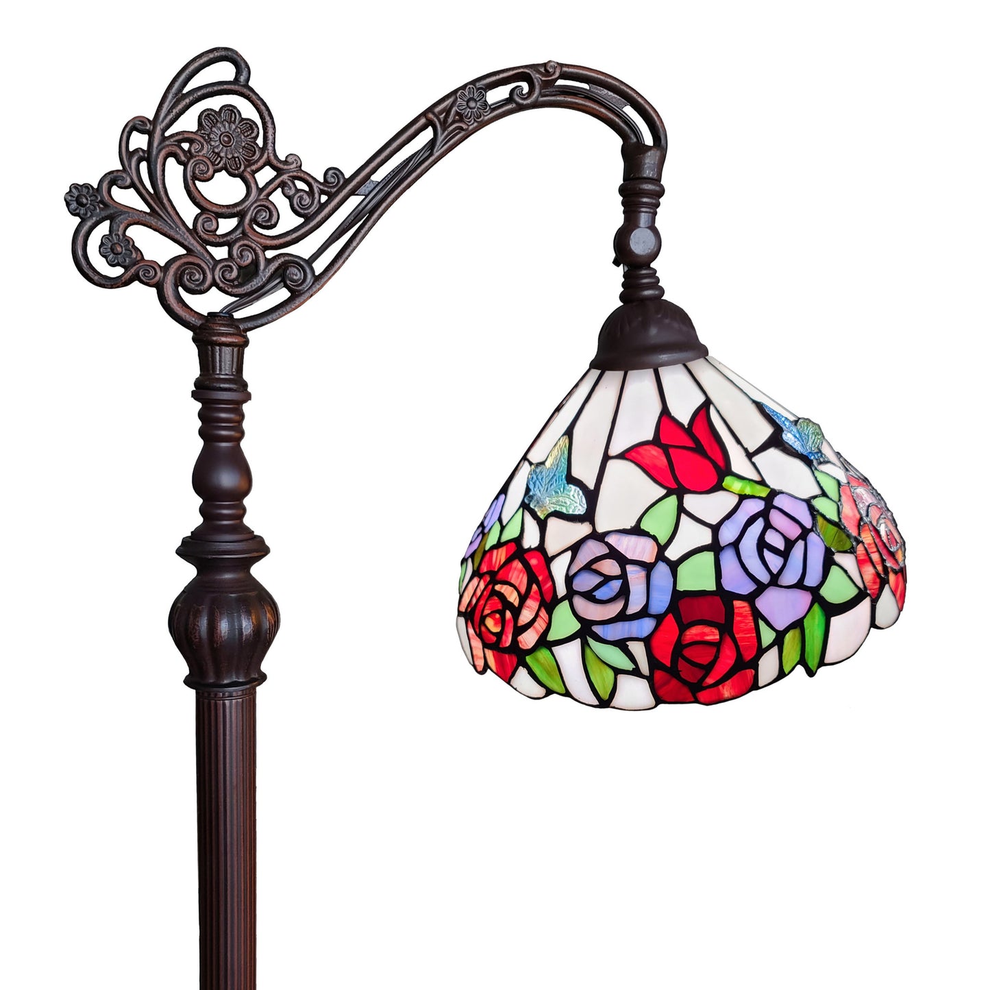 Brown Floor Lamp w/ White & Red Stained Glass Bowl Shade