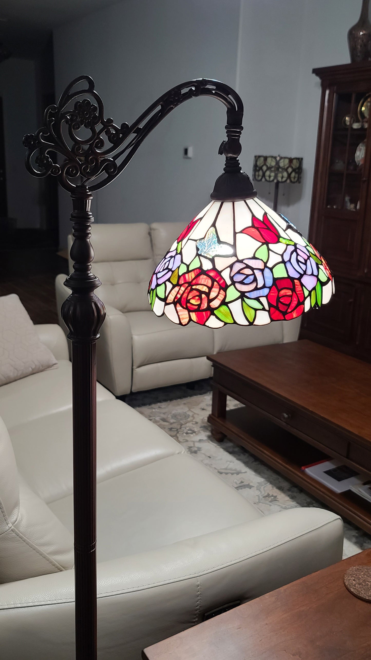Brown Floor Lamp w/ White & Red Stained Glass Bowl Shade