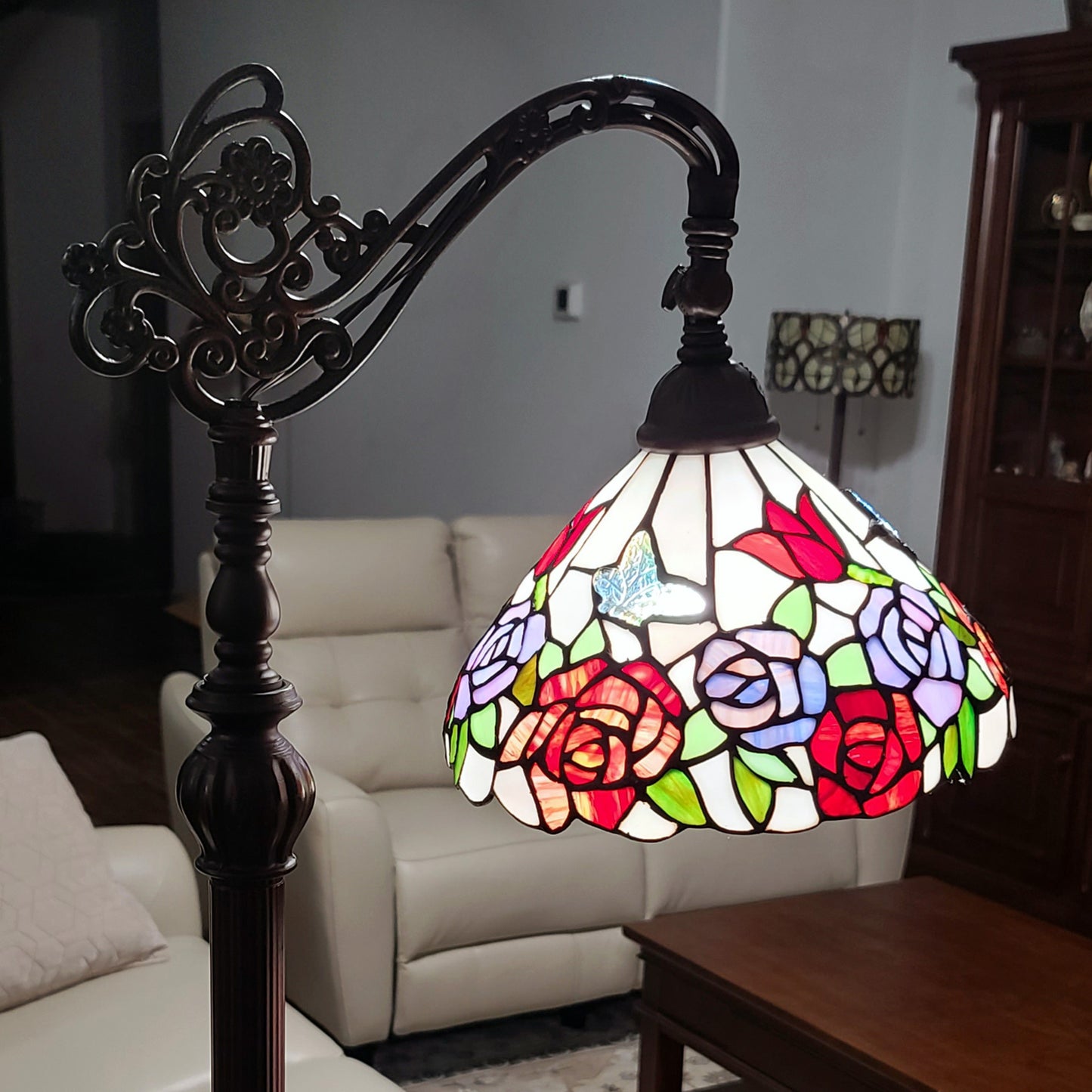 Brown Floor Lamp w/ White & Red Stained Glass Bowl Shade