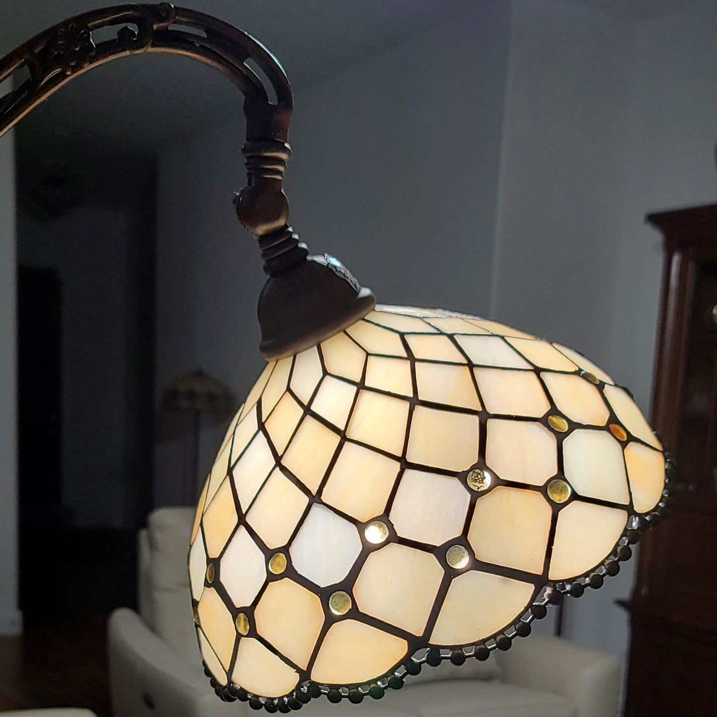 Brown Floor Lamp w/ White Stained Glass Bowl Shade