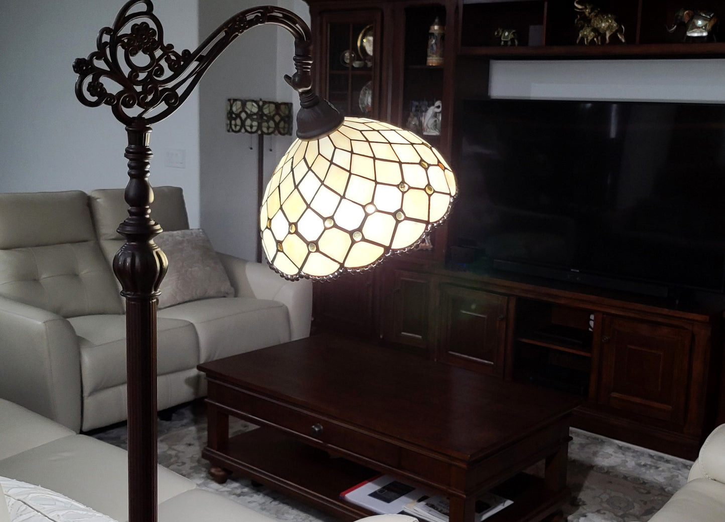 Brown Floor Lamp w/ White Stained Glass Bowl Shade