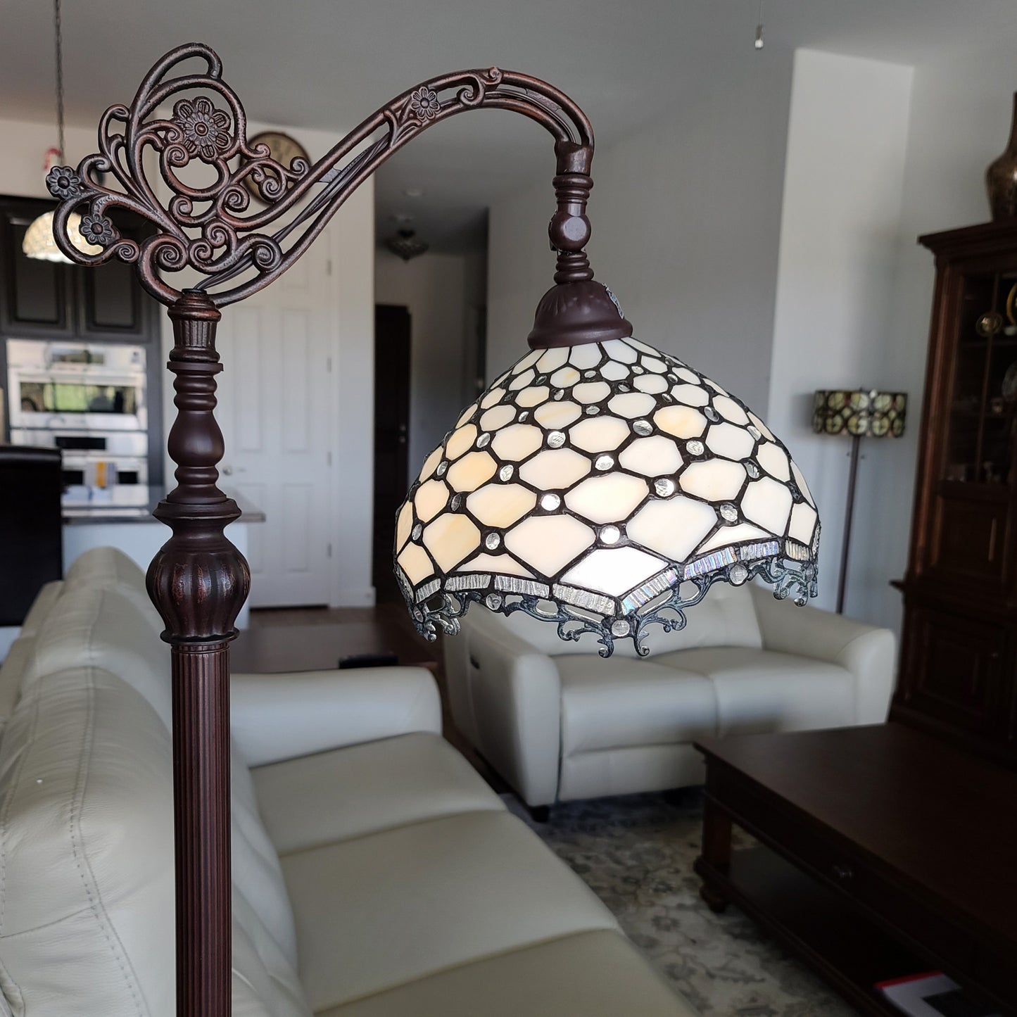 Brown Floor Lamp w/ White Tiffany Glass Bowl Shade