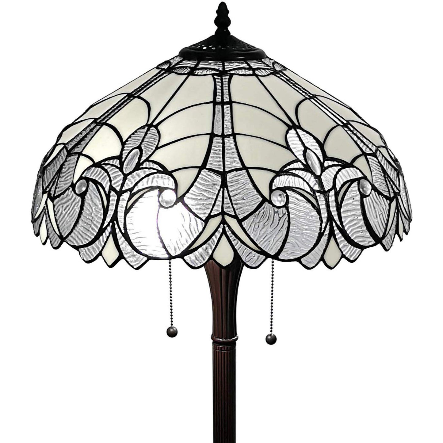 Brown 2-Light Torchiere Floor Lamp w/ White Fleur De Lis Stained Glass Shade