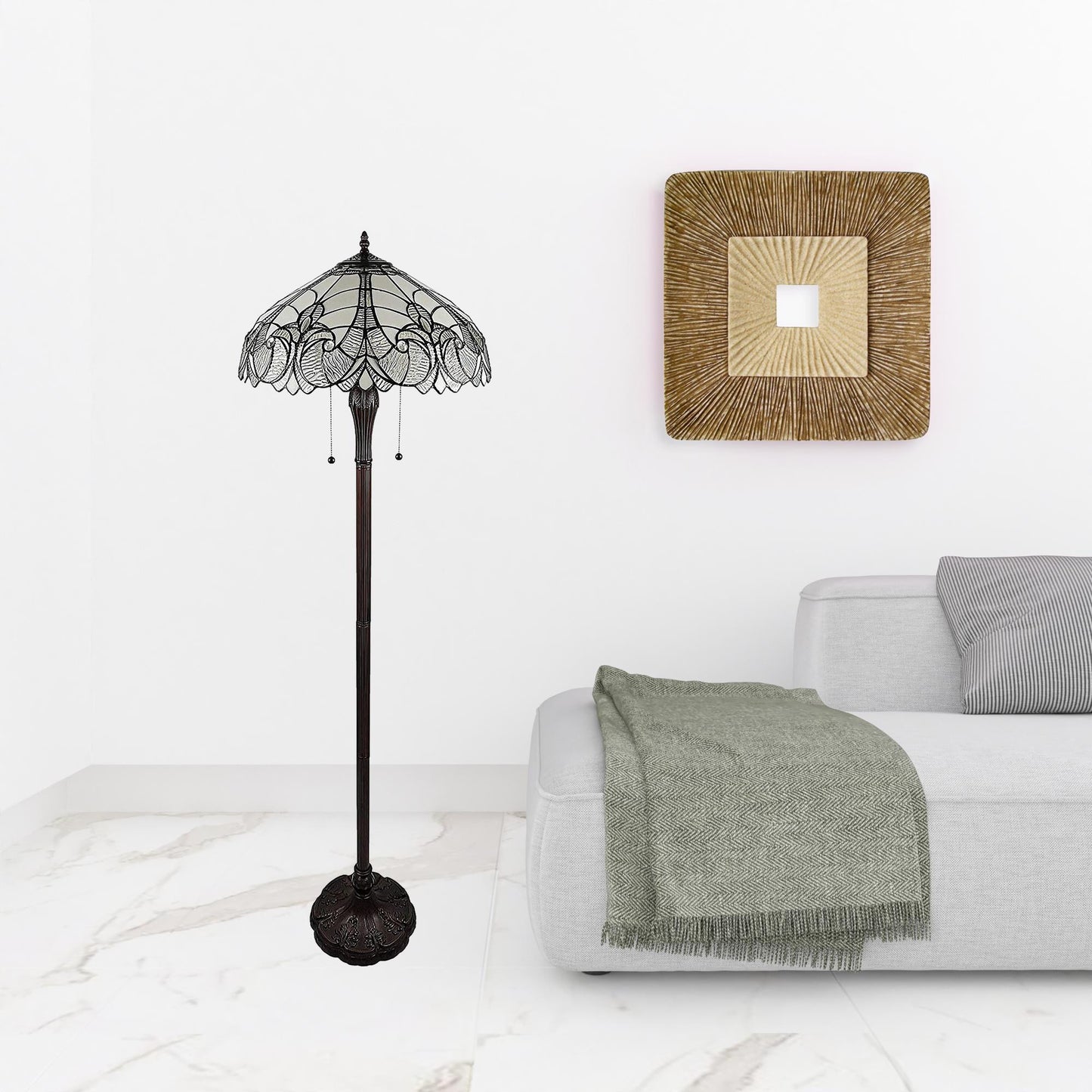 Brown 2-Light Torchiere Floor Lamp w/ White Fleur De Lis Stained Glass Shade