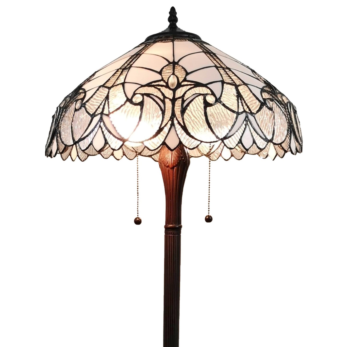 Brown 2-Light Torchiere Floor Lamp w/ White Fleur De Lis Stained Glass Shade