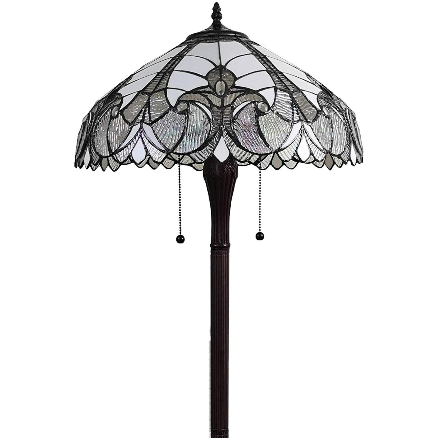 Brown 2-Light Torchiere Floor Lamp w/ White Fleur De Lis Stained Glass Shade
