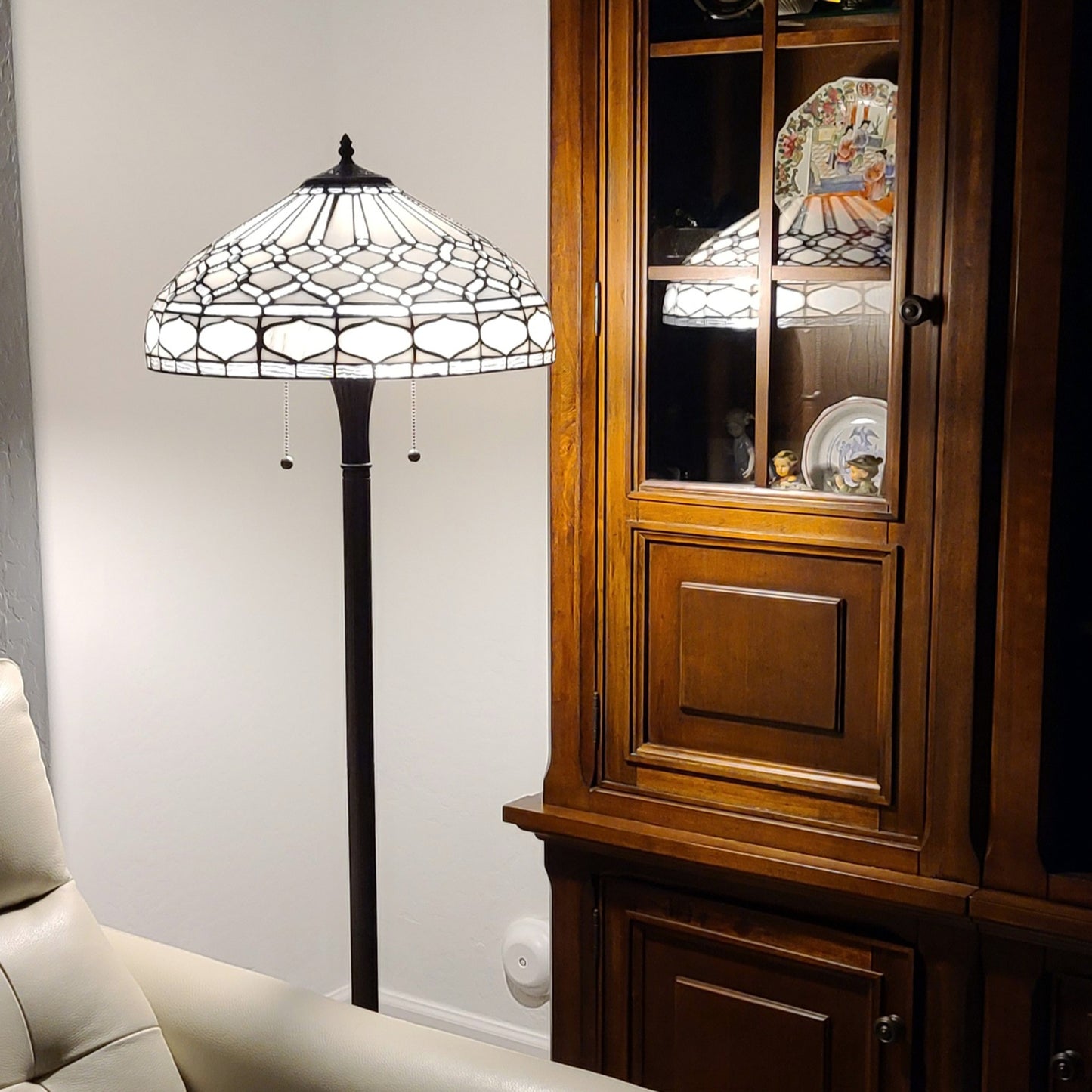 Brown 2-Light Floor Lamp w/ White Stained Glass Bowl Shade