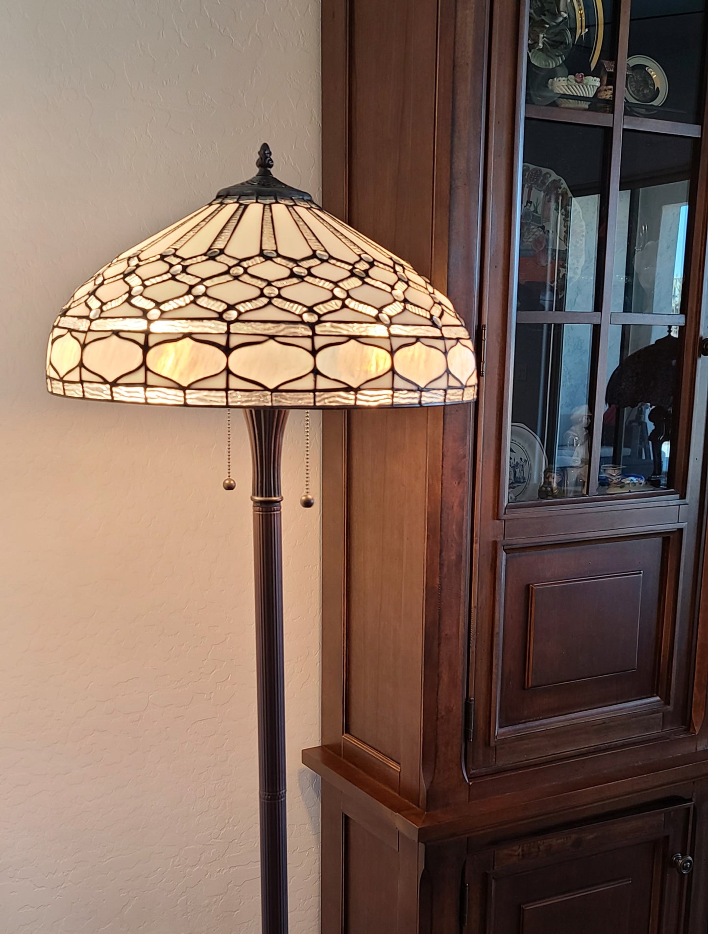 Brown 2-Light Floor Lamp w/ White Stained Glass Bowl Shade