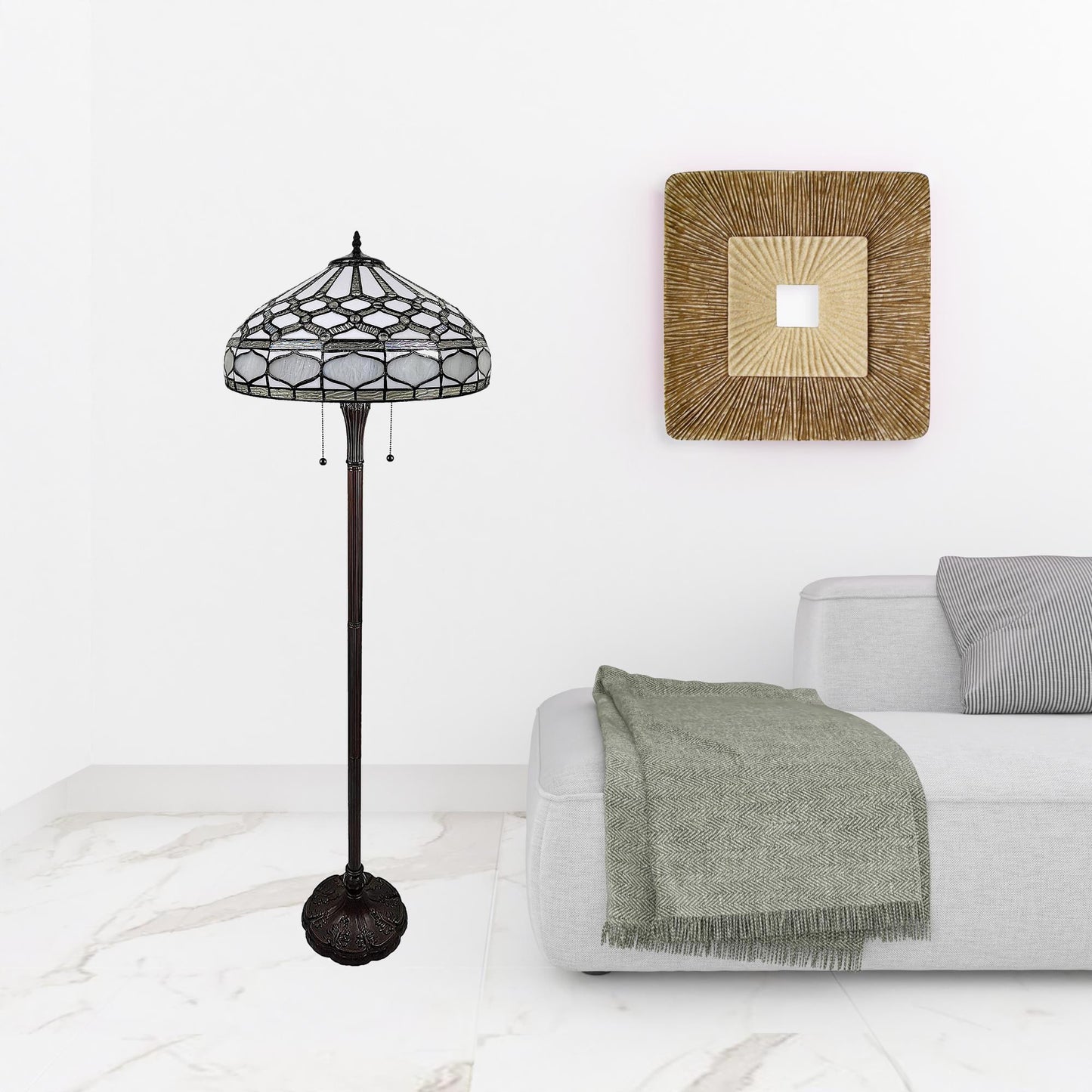 Brown 2-Light Floor Lamp w/ White Stained Glass Bowl Shade